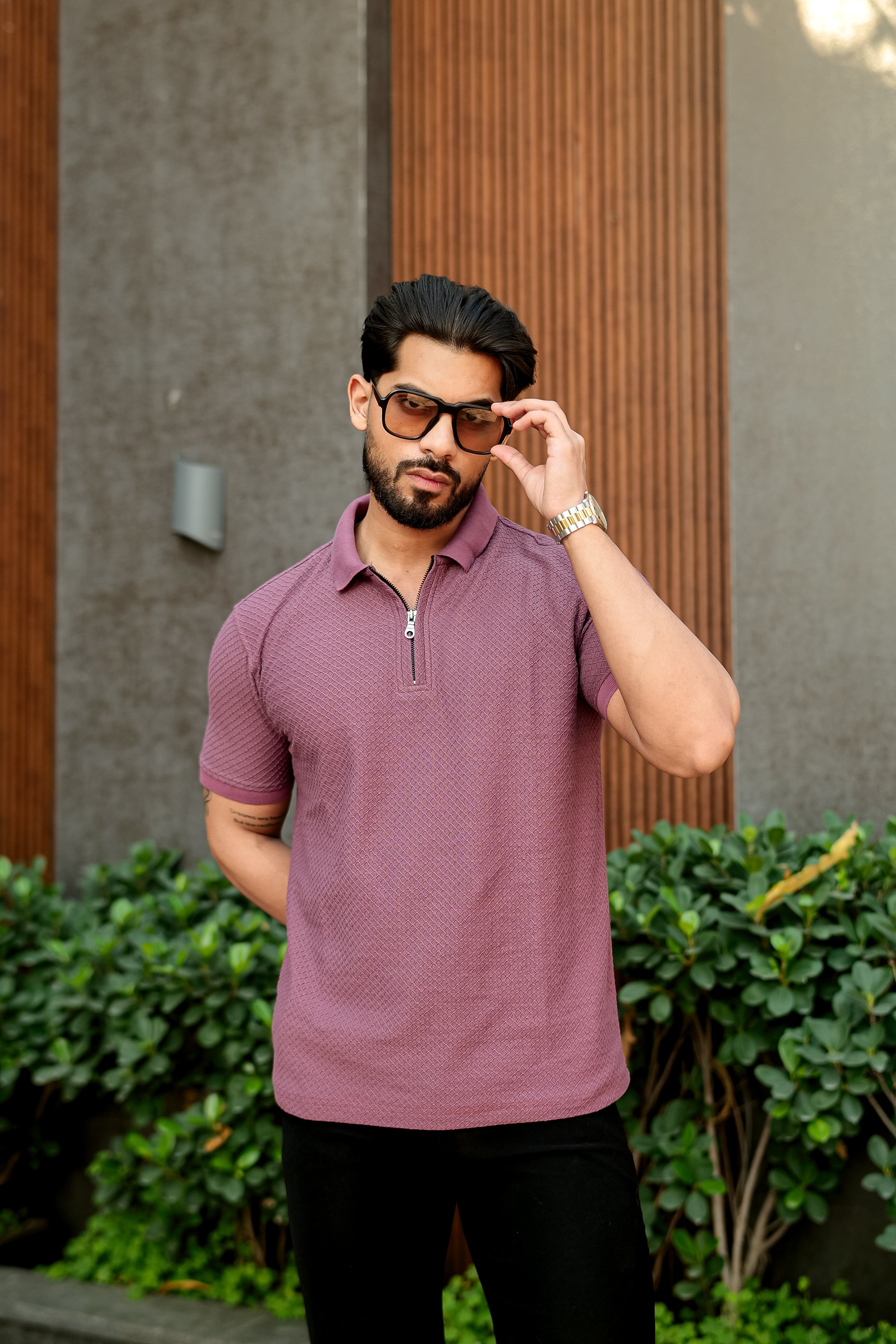 Onion Pink Cotton Half Sleeve Zipper Polo T-Shirt