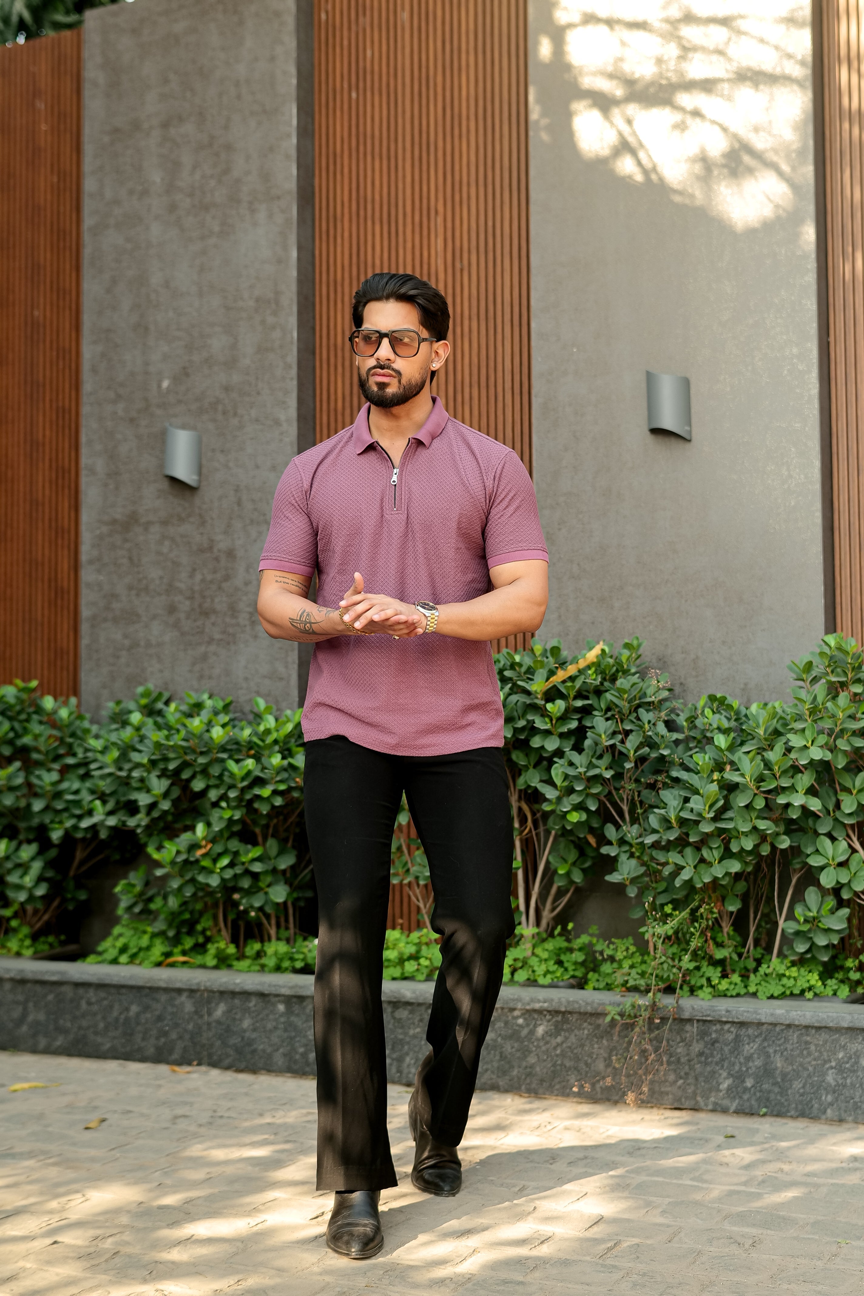Onion Pink Cotton Half Sleeve Zipper Polo T-Shirt