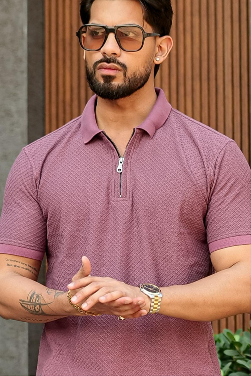 Onion Pink Cotton Half Sleeve Zipper Polo T-Shirt
