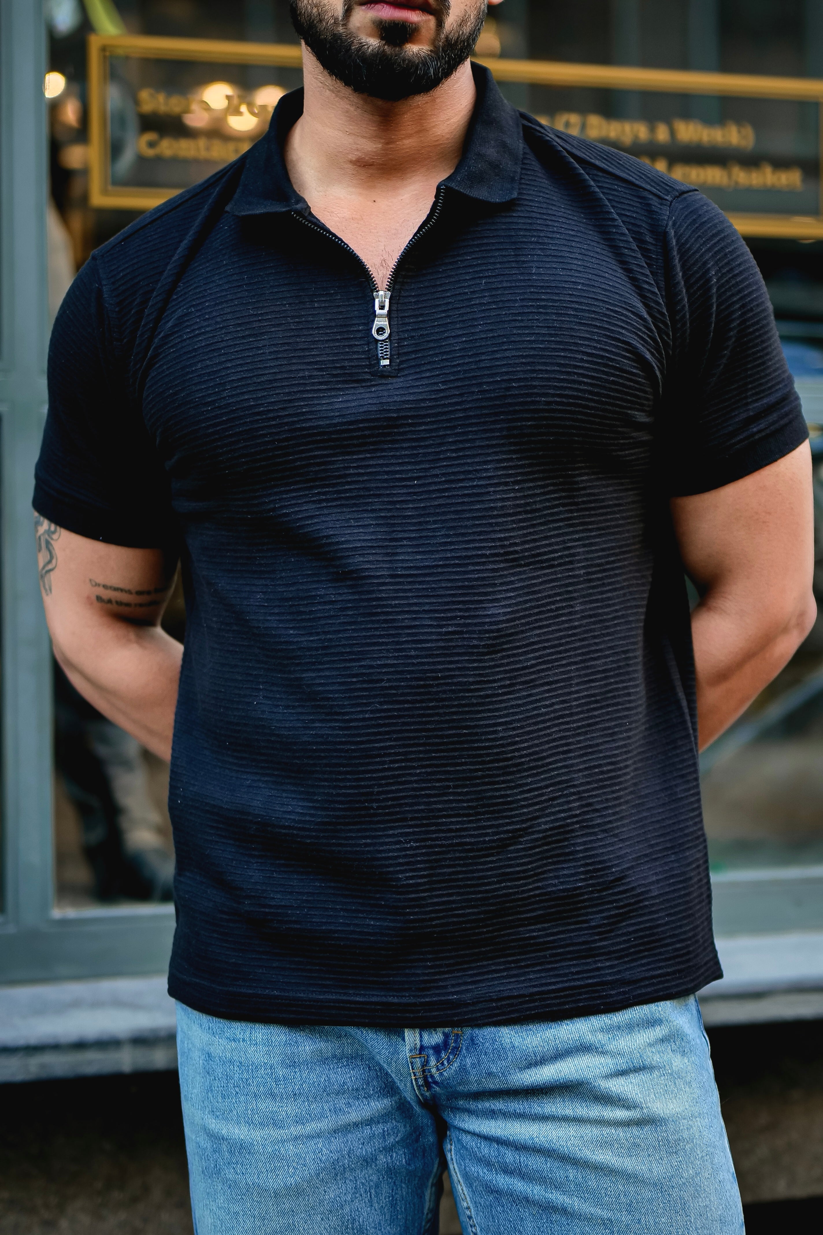 Black Self Design Polo Neck Zipper T-Shirt