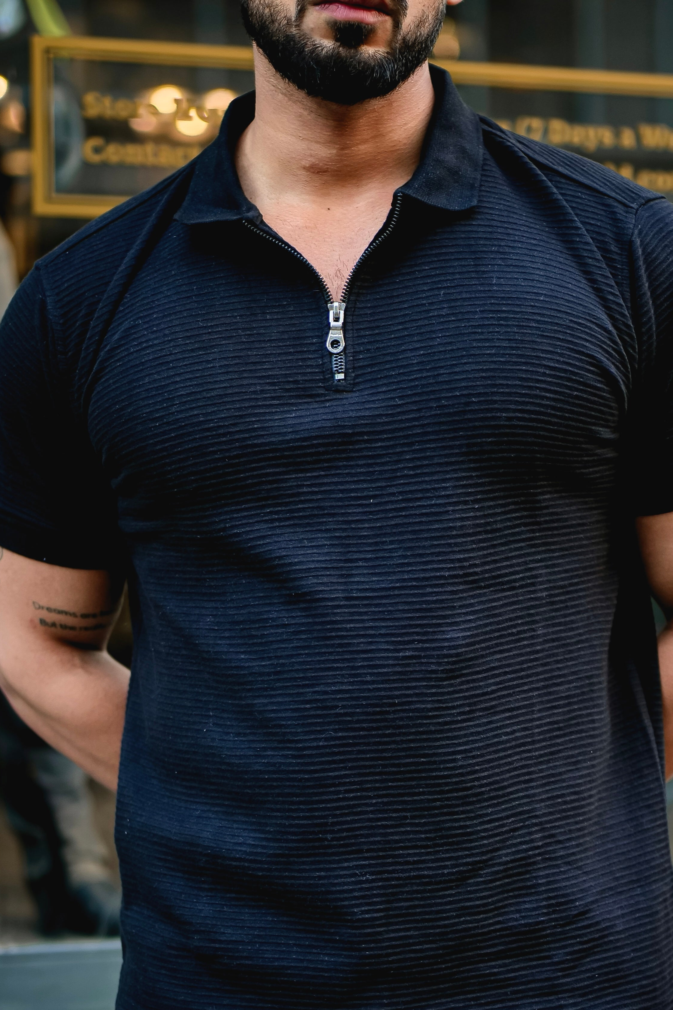 Black Self Design Polo Neck Zipper T-Shirt