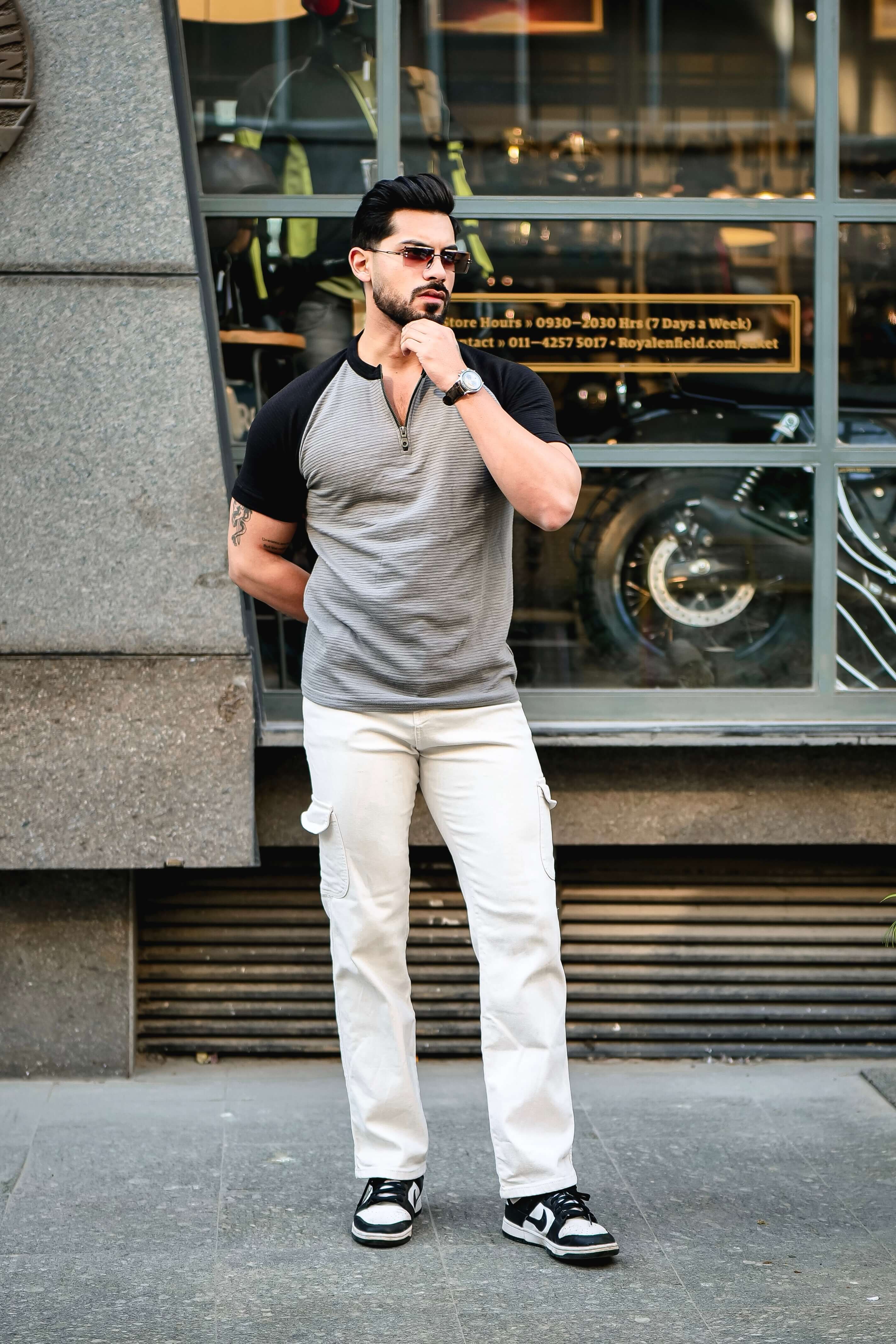 Grey Black Self Design ColorBlock Zipper T-Shirt