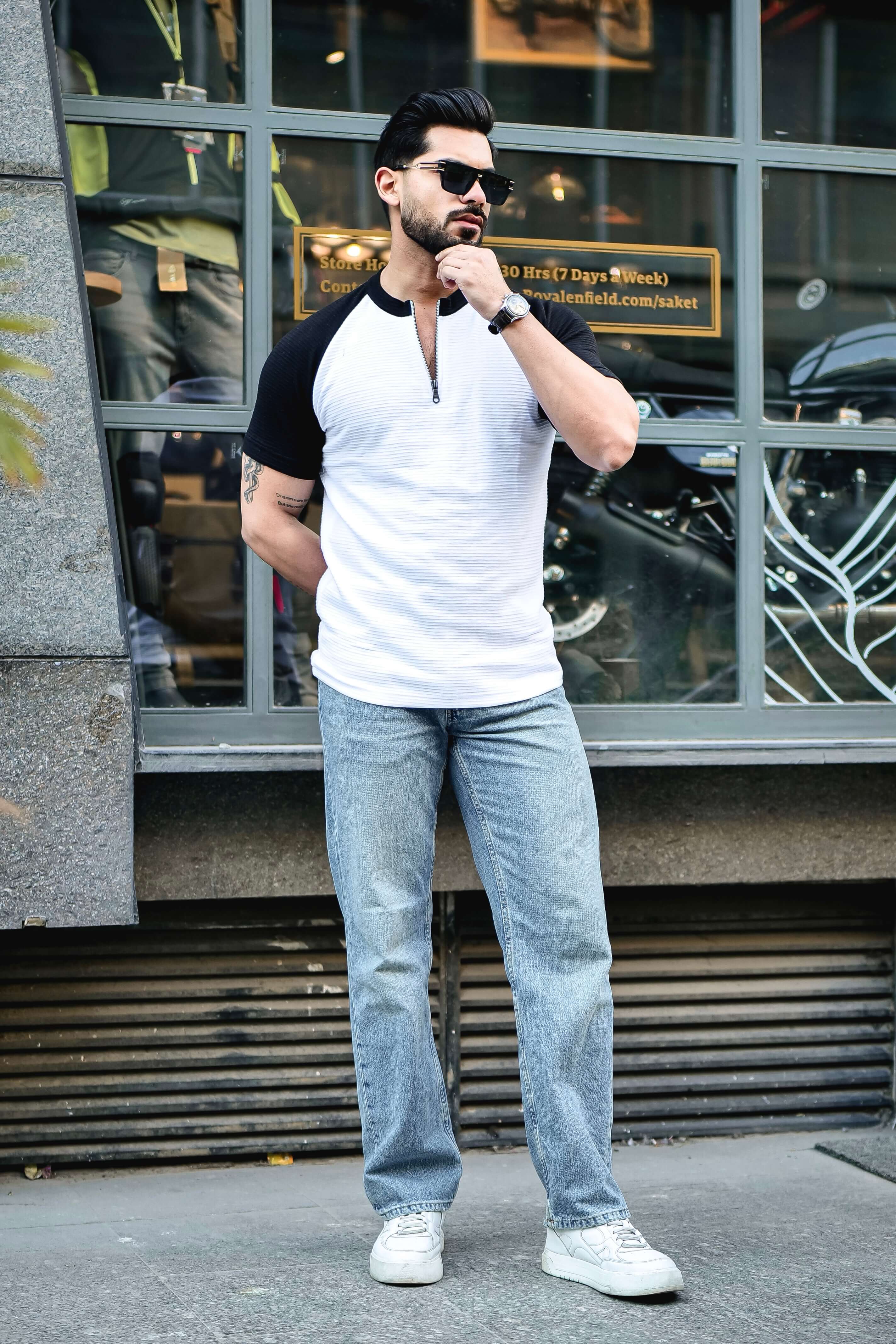 White Self Design ColorBlock Zipper T-Shirt