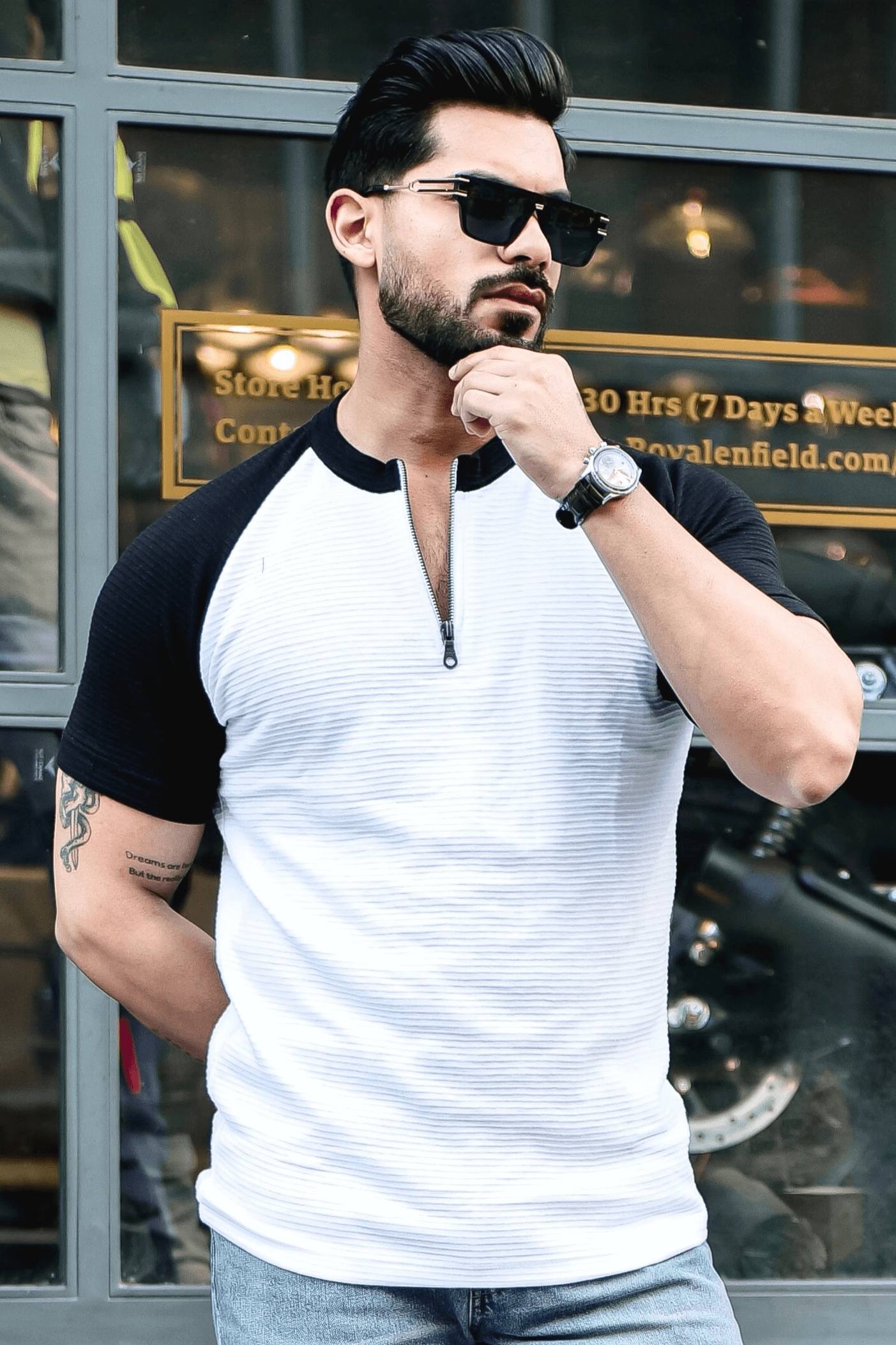 White Self Design ColorBlock Zipper T-Shirt