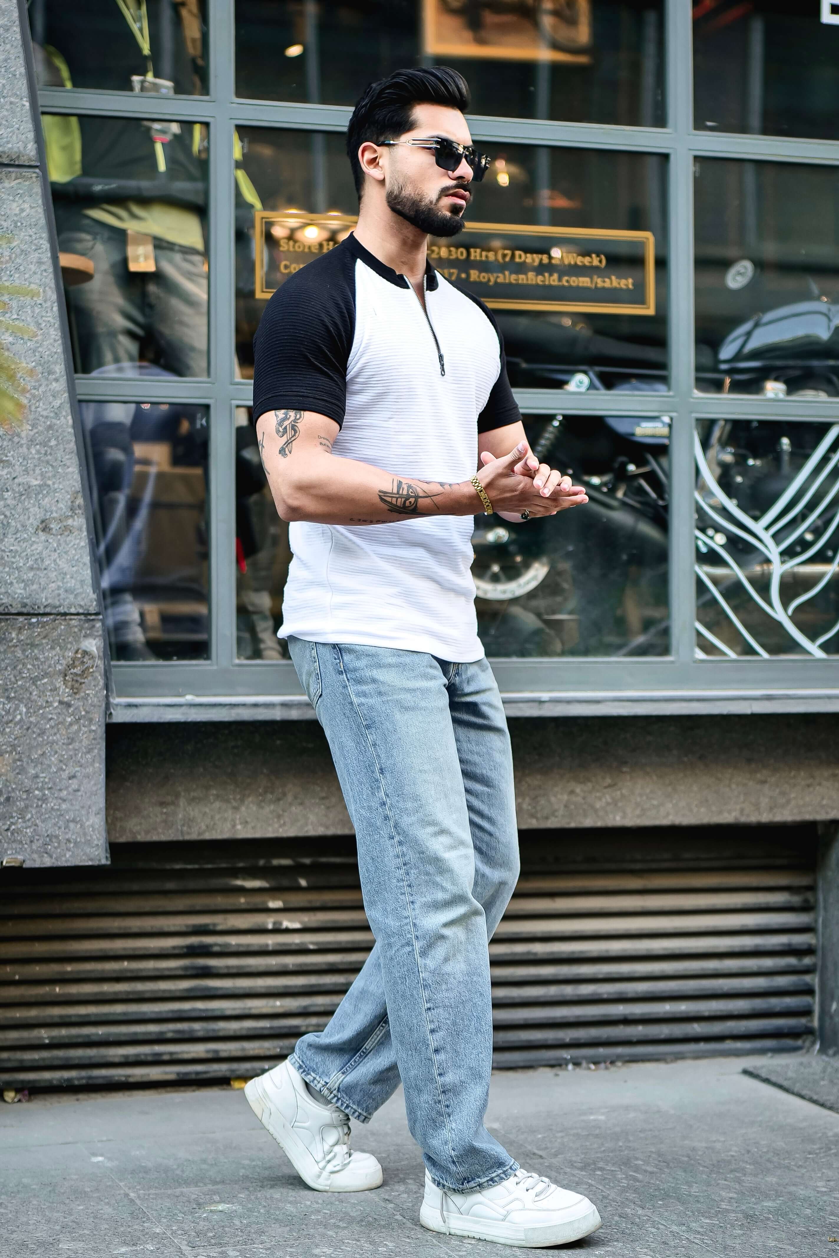 White Self Design ColorBlock Zipper T-Shirt