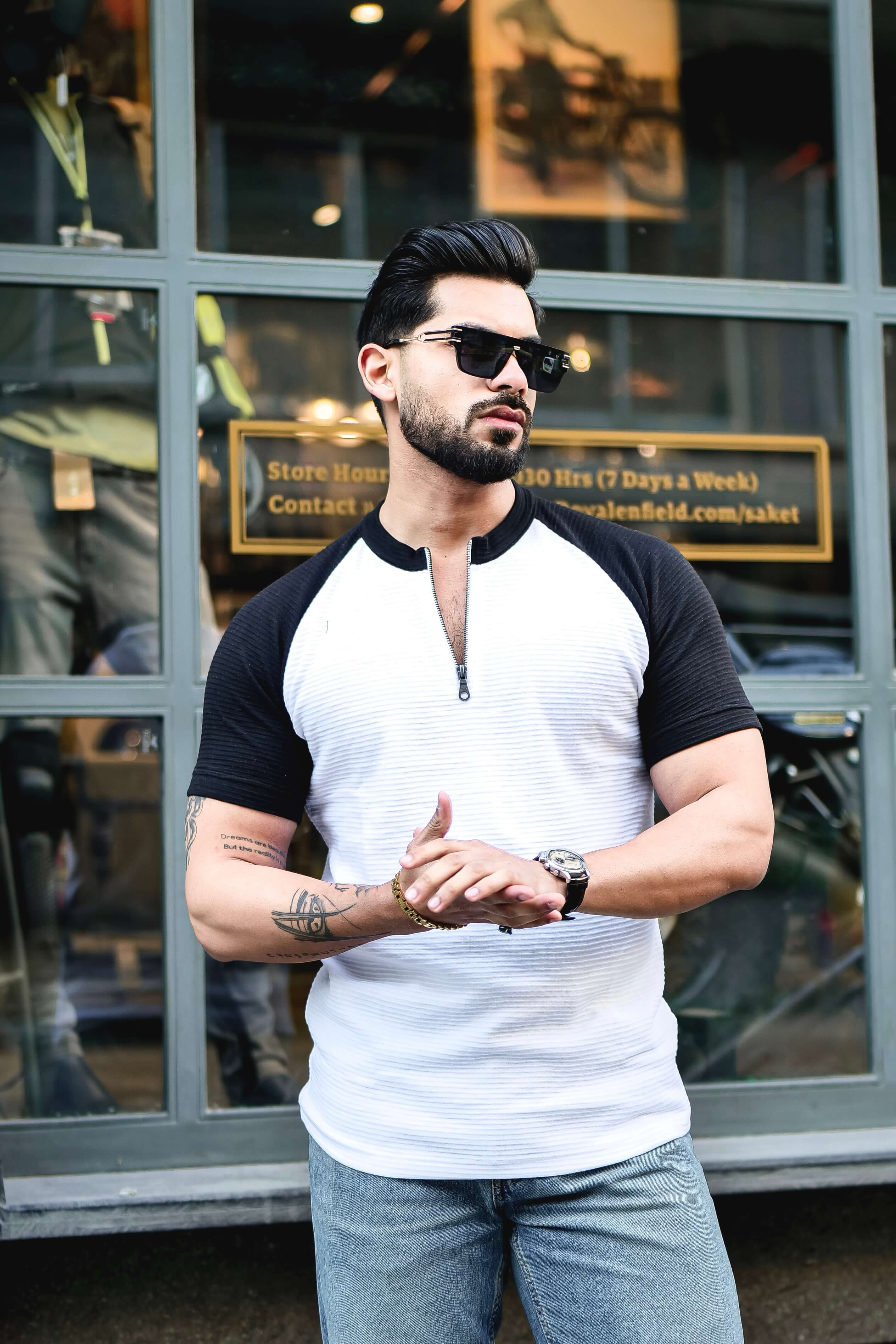 White Self Design ColorBlock Zipper T-Shirt