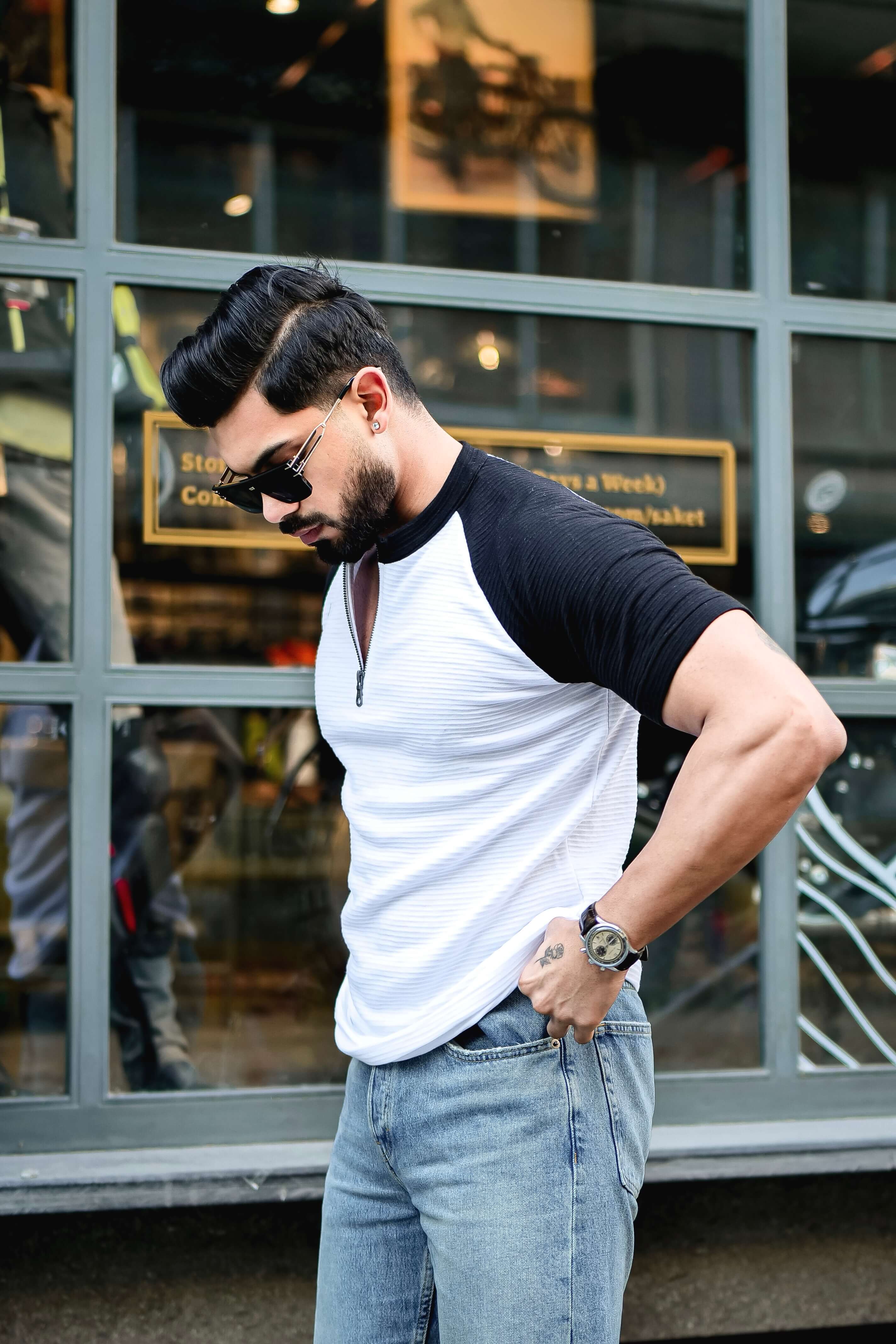 White Self Design ColorBlock Zipper T-Shirt