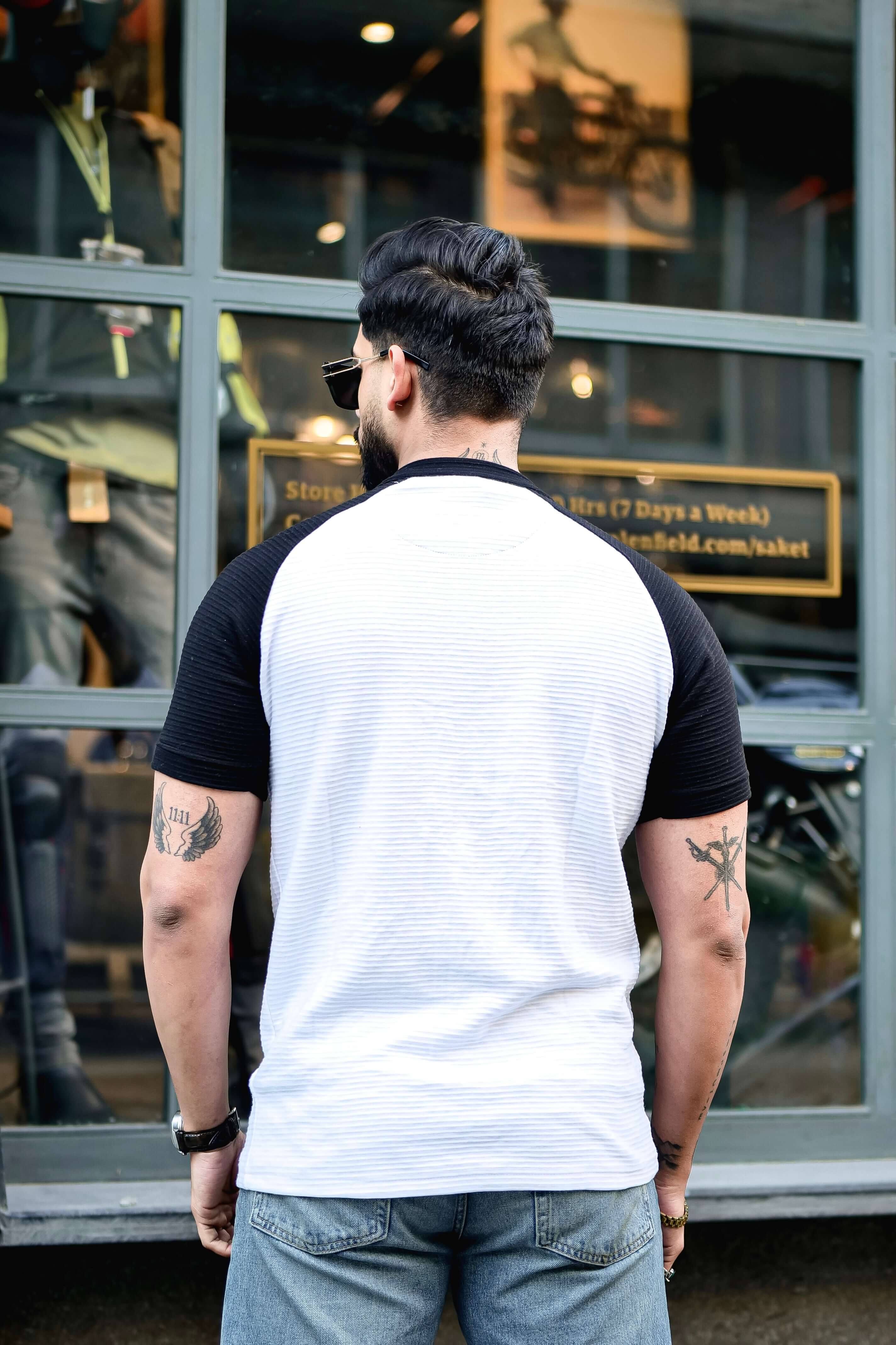 White Self Design ColorBlock Zipper T-Shirt