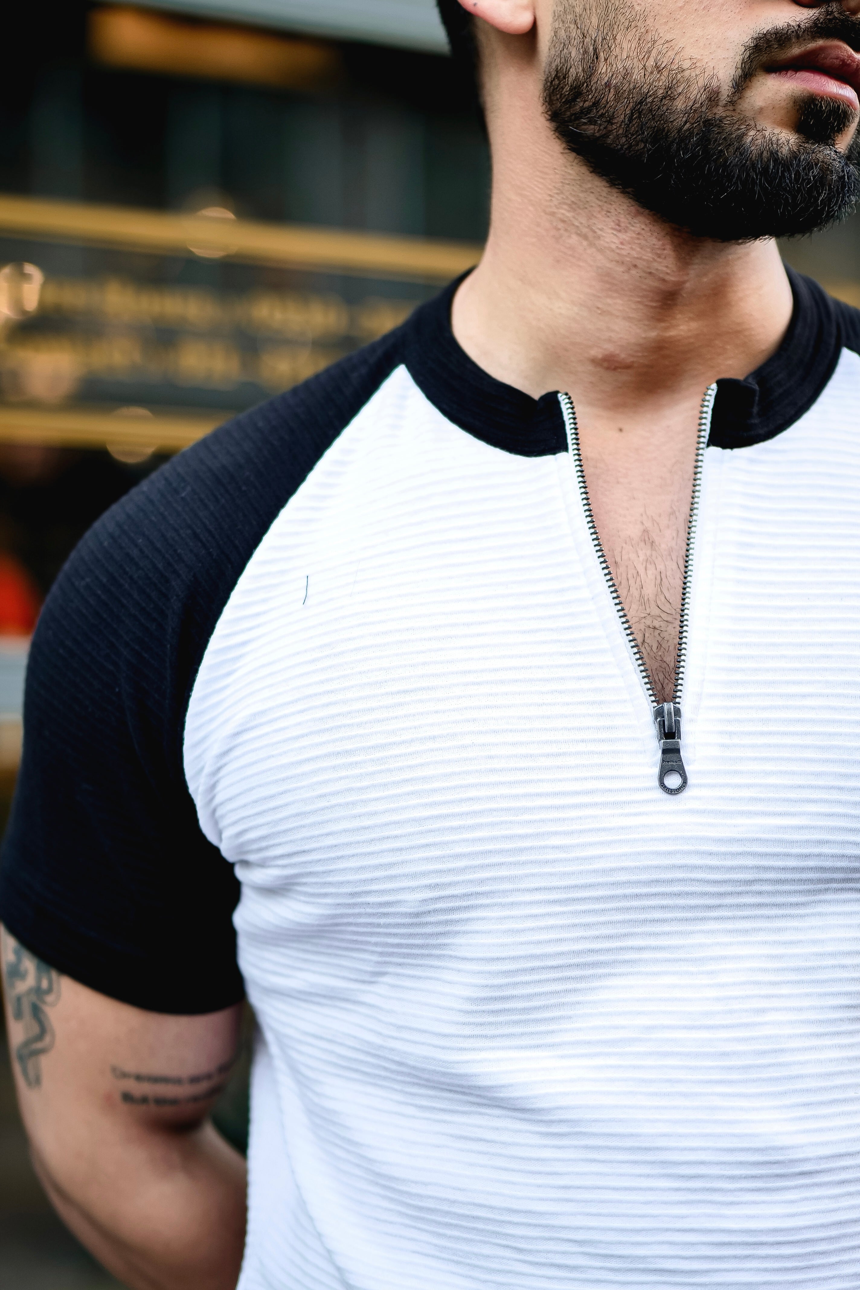 White Self Design ColorBlock Zipper T-Shirt