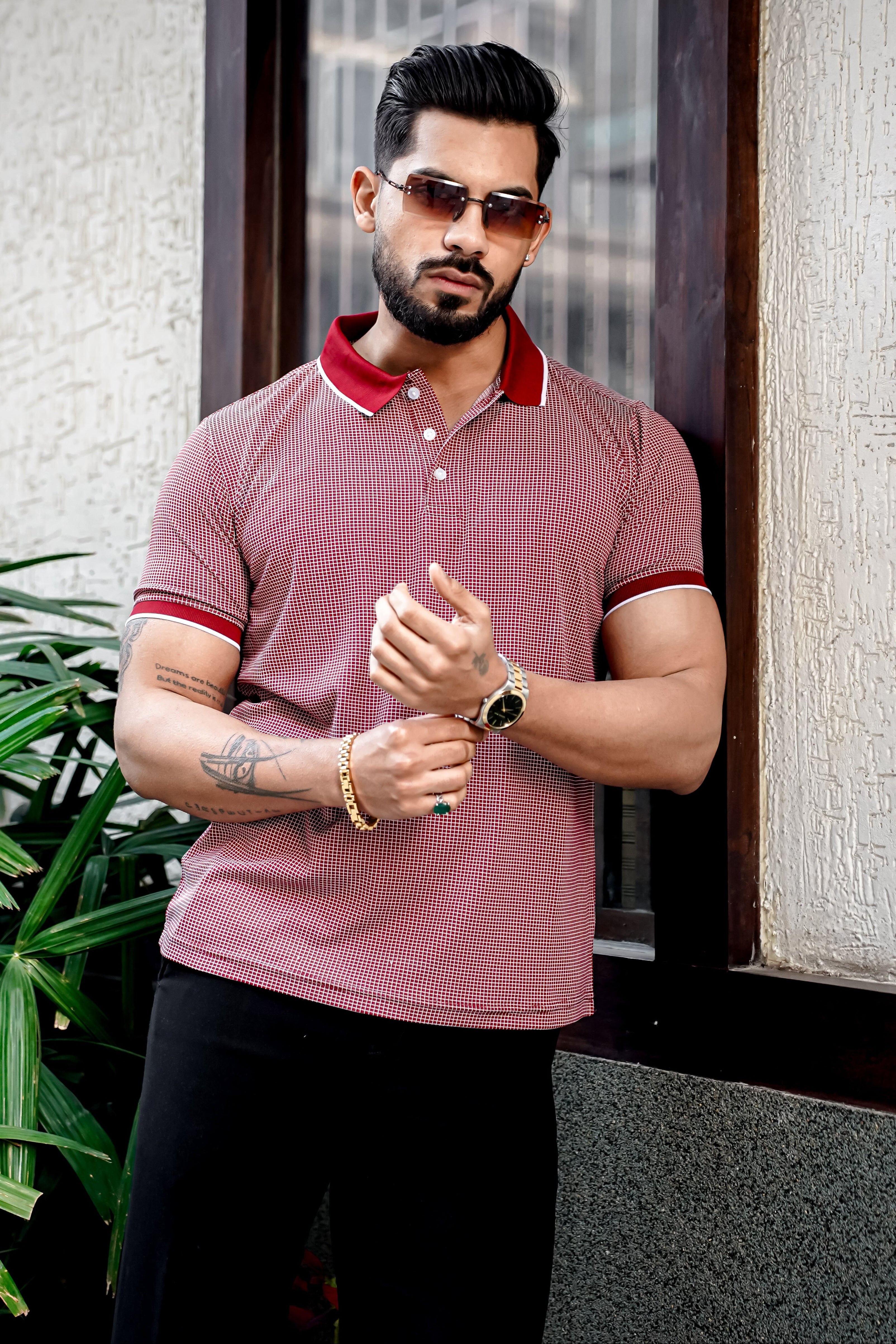 Maroon Self Design Polo Neck T-Shirt