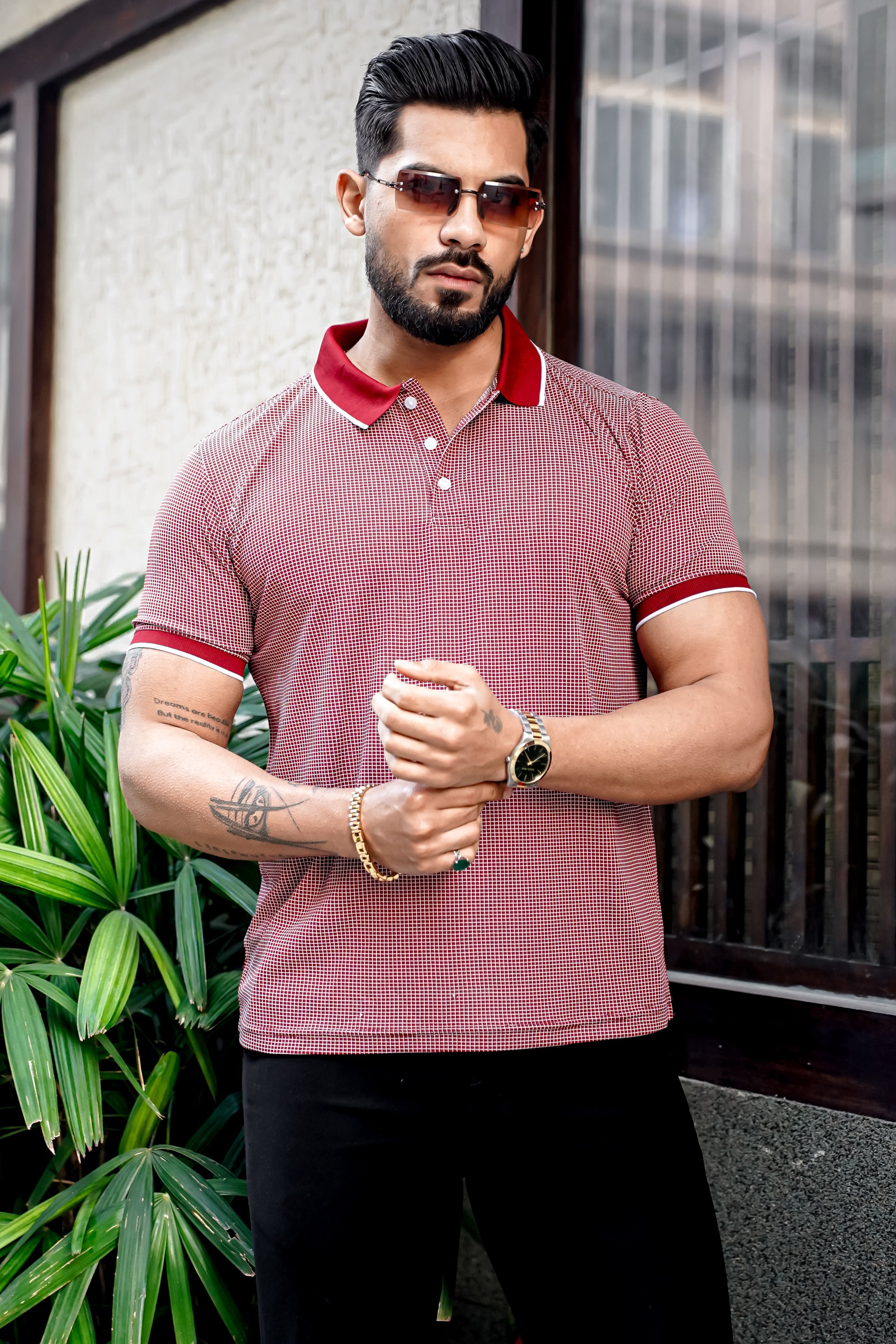 Maroon Self Design Polo Neck T-Shirt