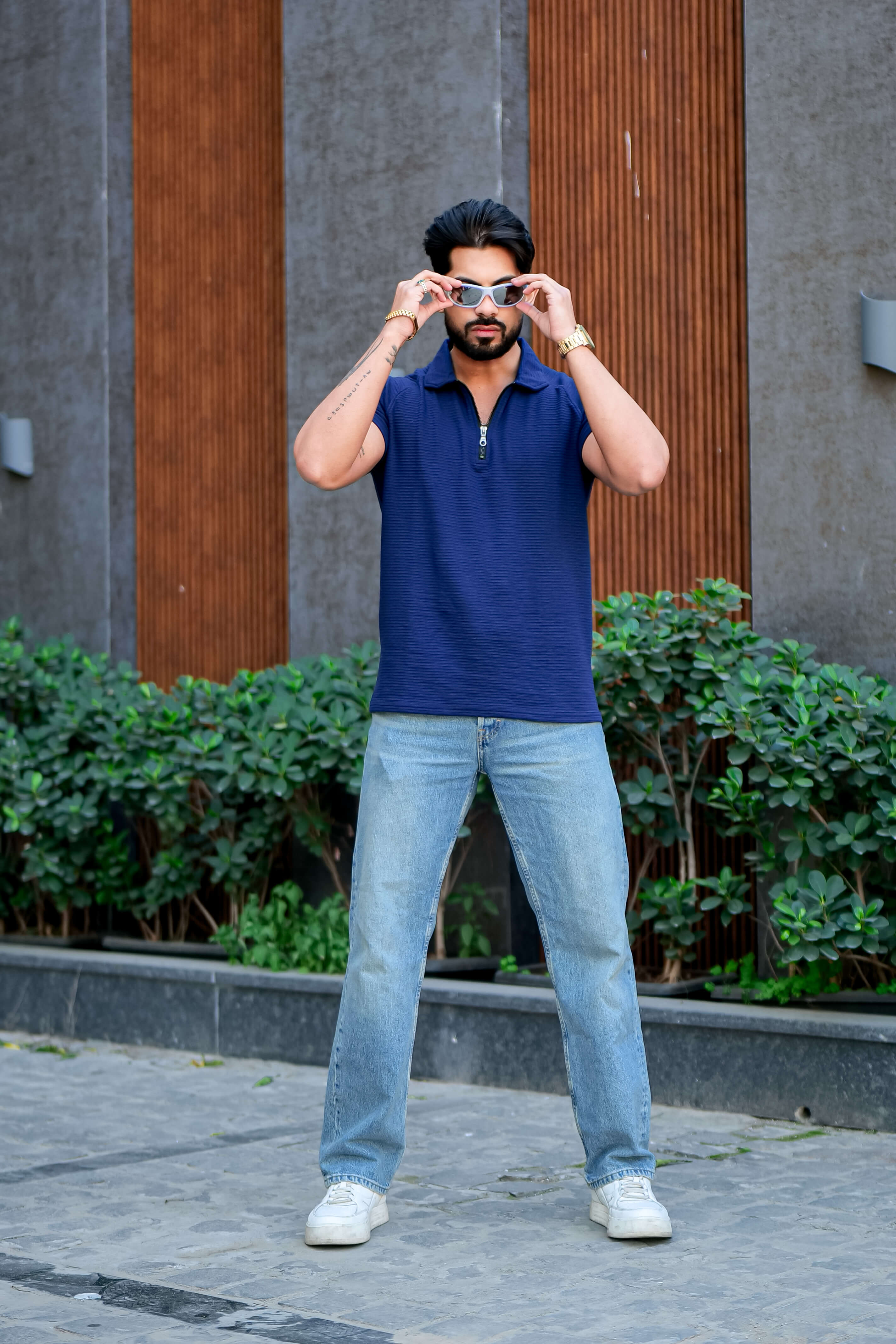 Royal Blue Self Design Zipper Polo Collar T-Shirt