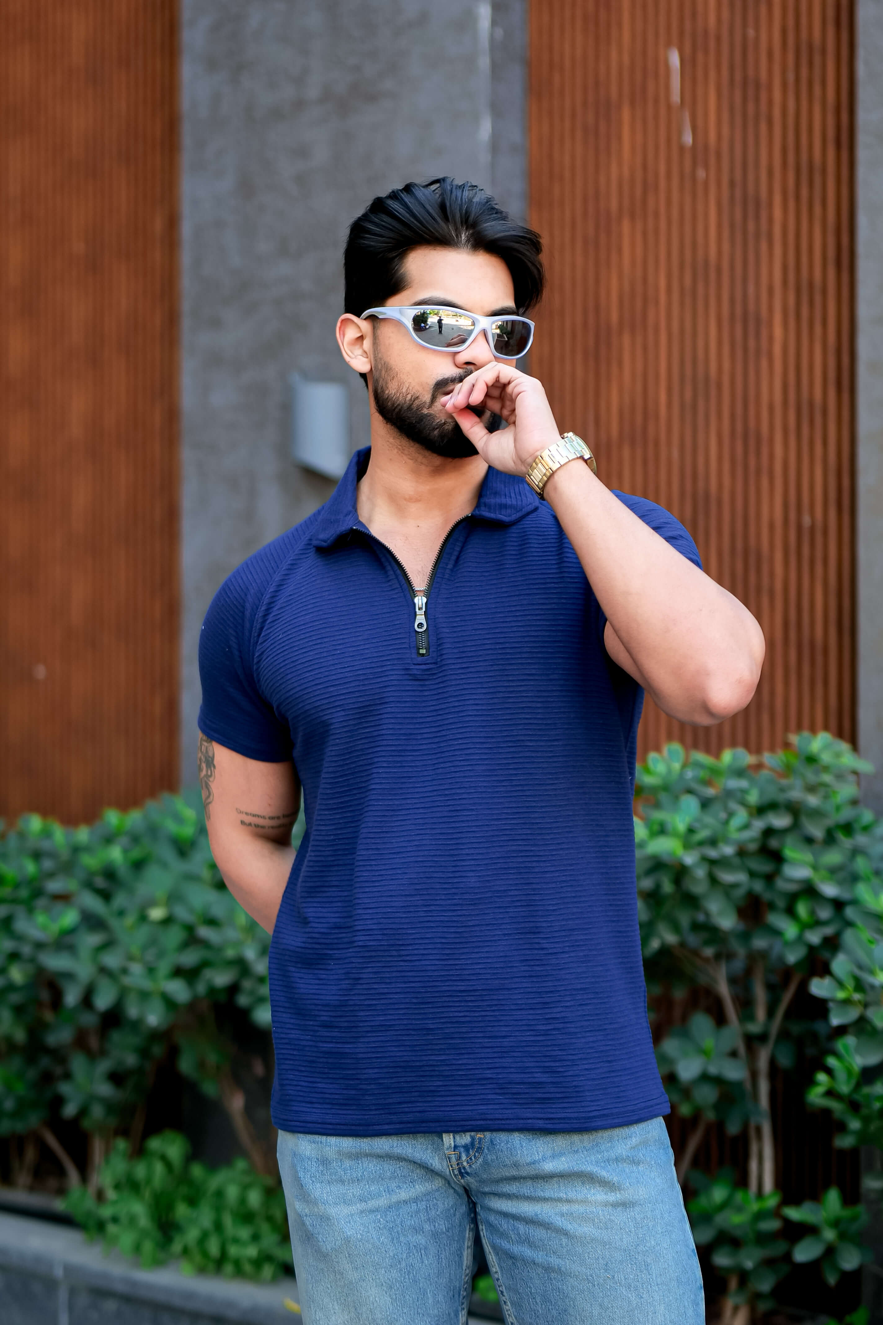 Royal Blue Self Design Zipper Polo Collar T-Shirt