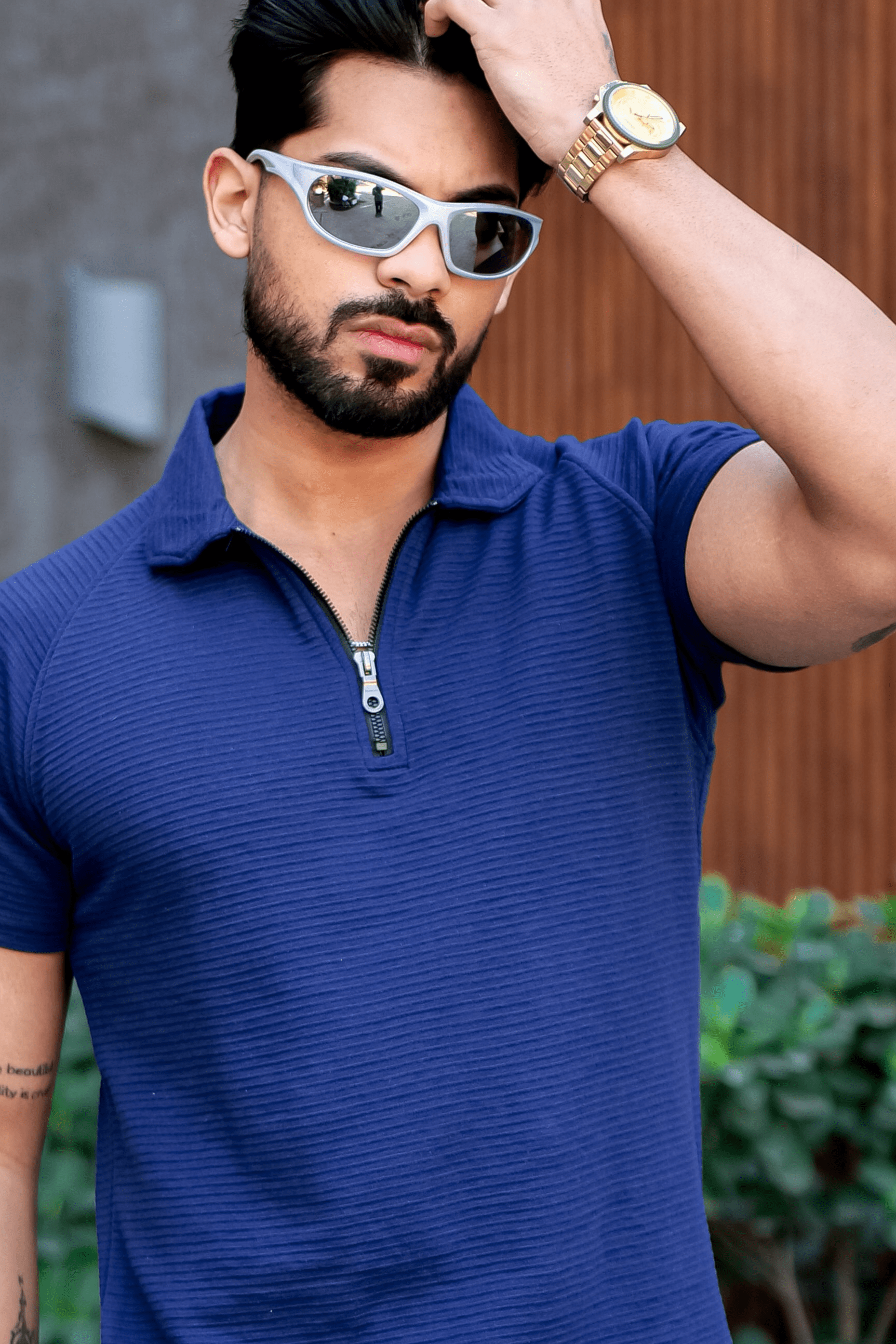 Royal Blue Self Design Zipper Polo Collar T-Shirt