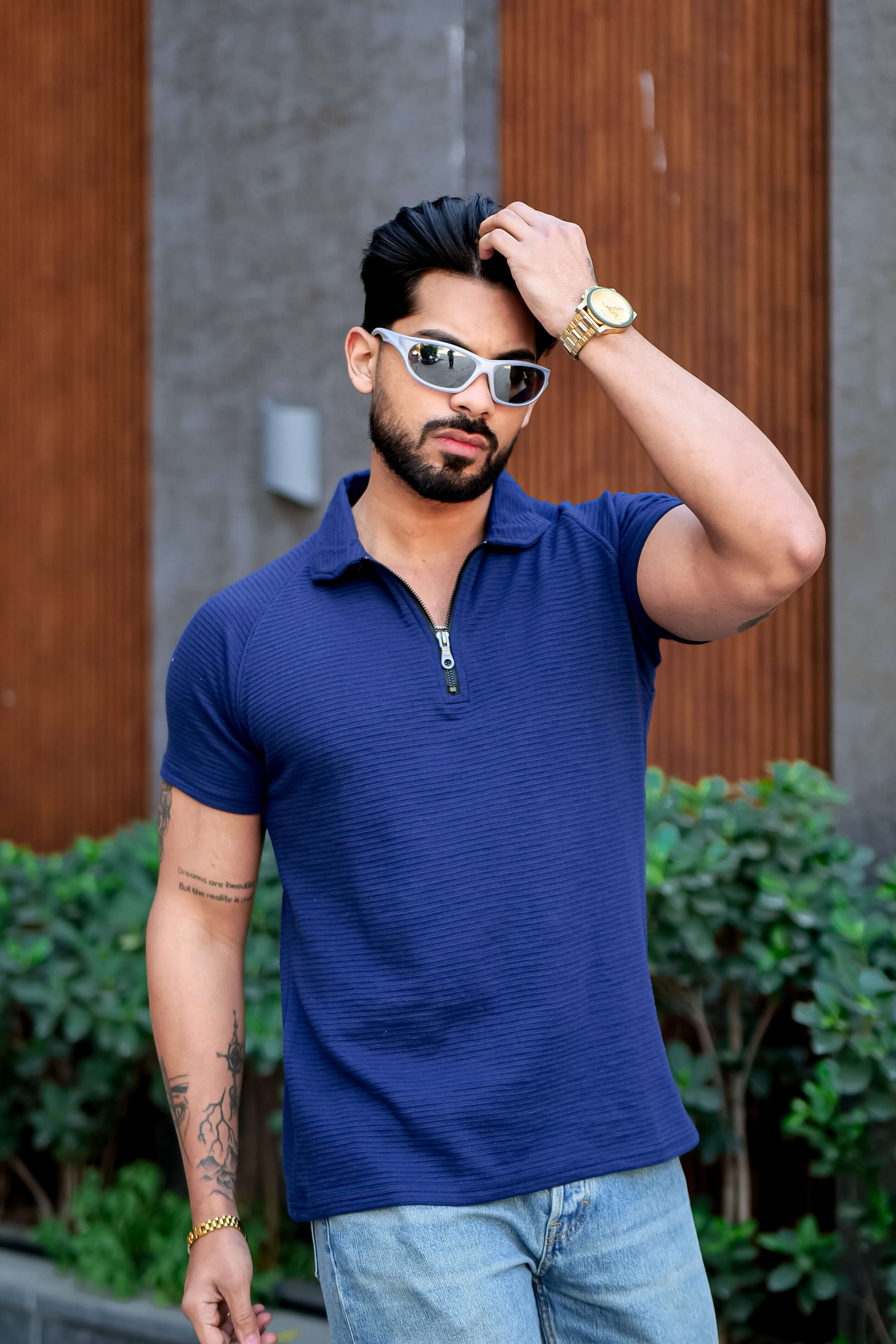 Royal Blue Self Design Zipper Polo Collar T-Shirt