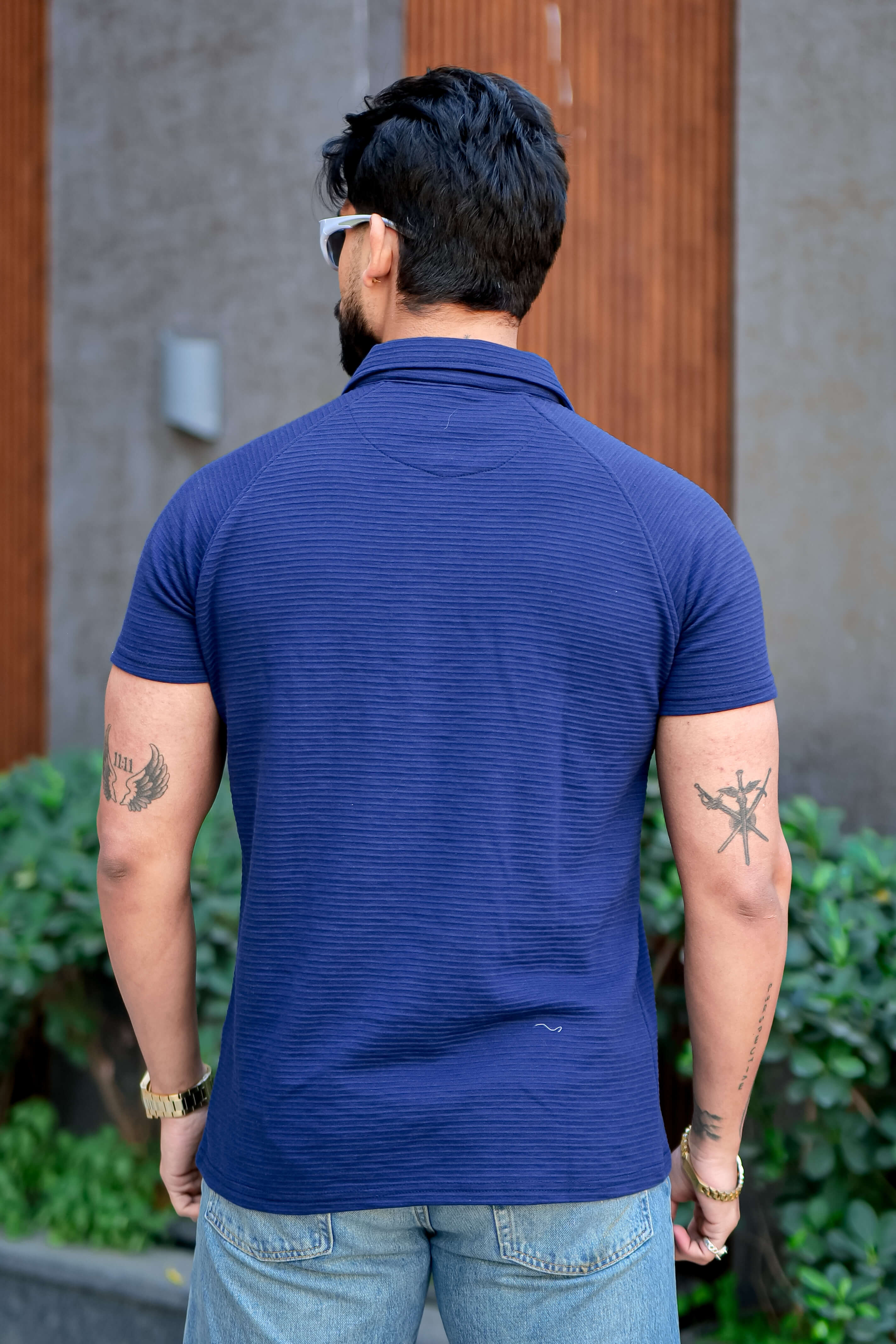 Royal Blue Self Design Zipper Polo Collar T-Shirt