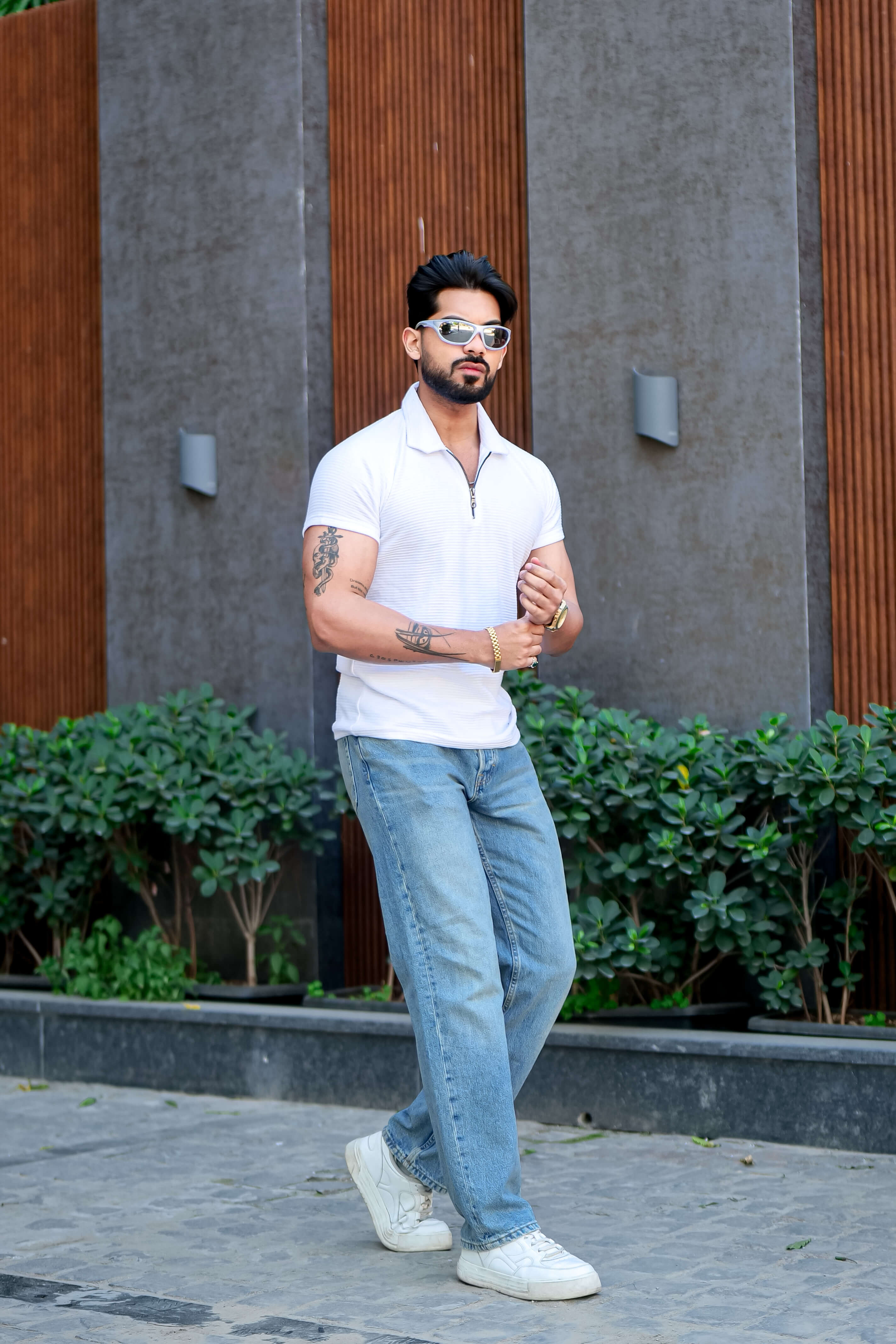 White Self Design Zipper Polo Collar T-Shirt