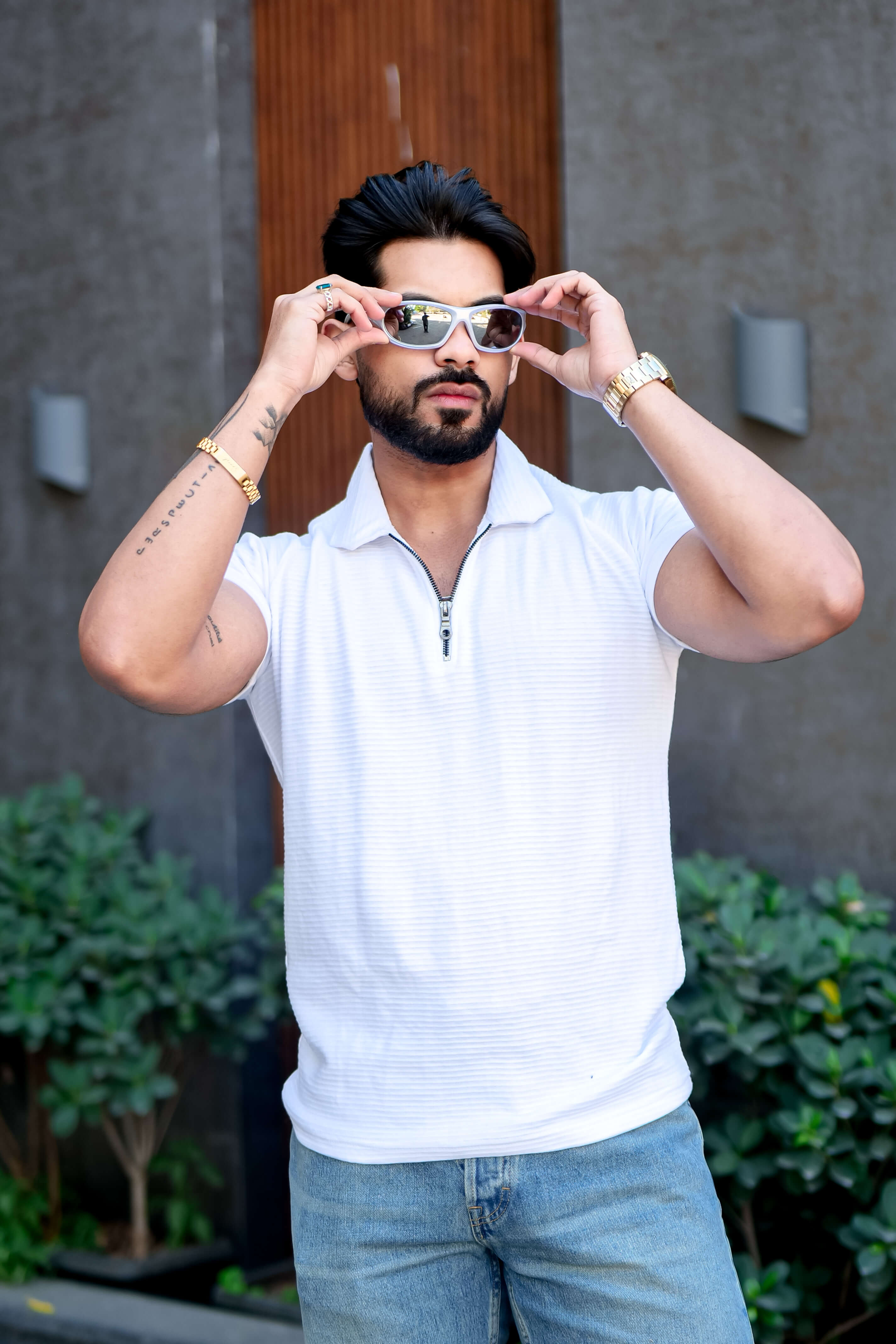 White Self Design Zipper Polo Collar T-Shirt