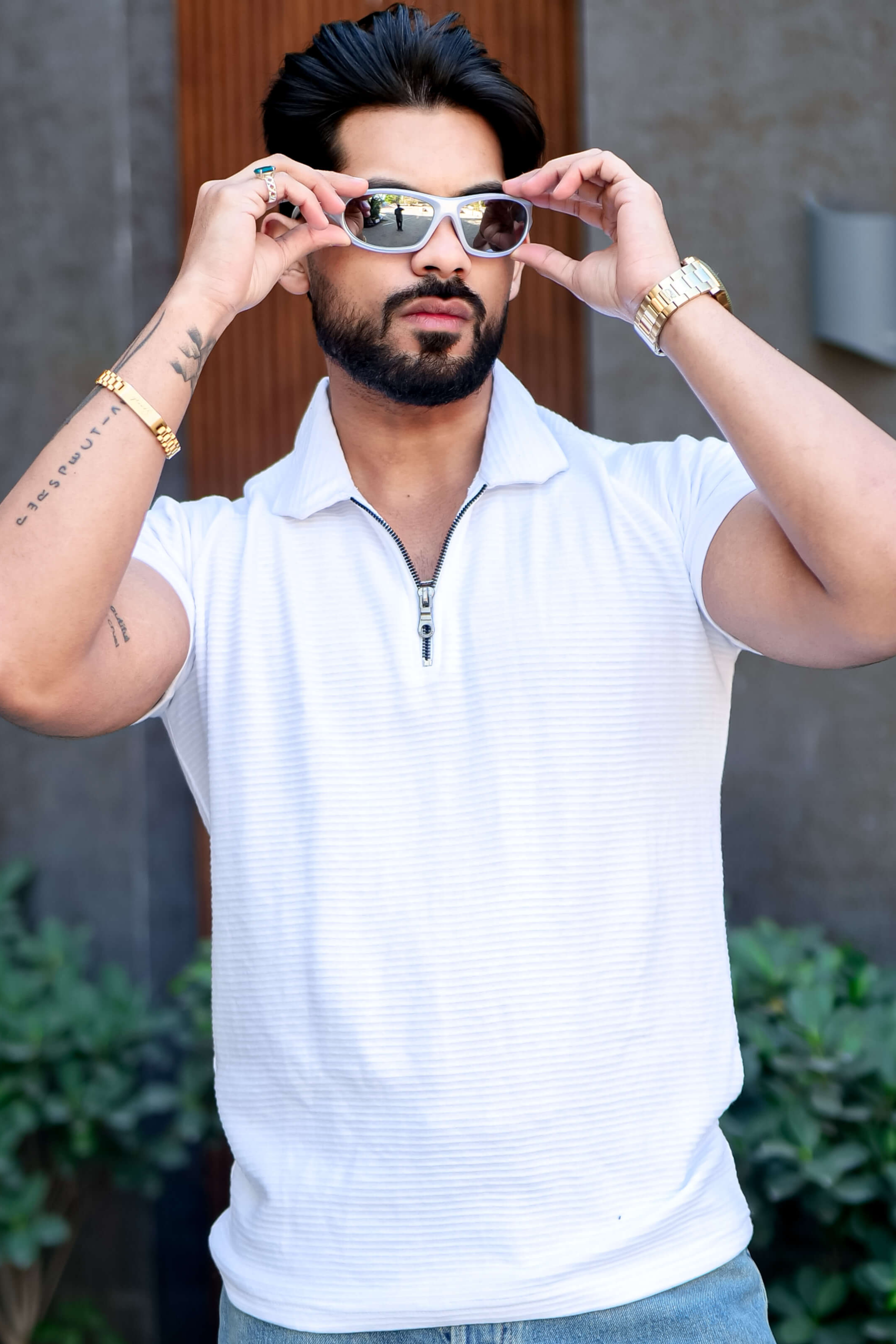 White Self Design Zipper Polo Collar T-Shirt