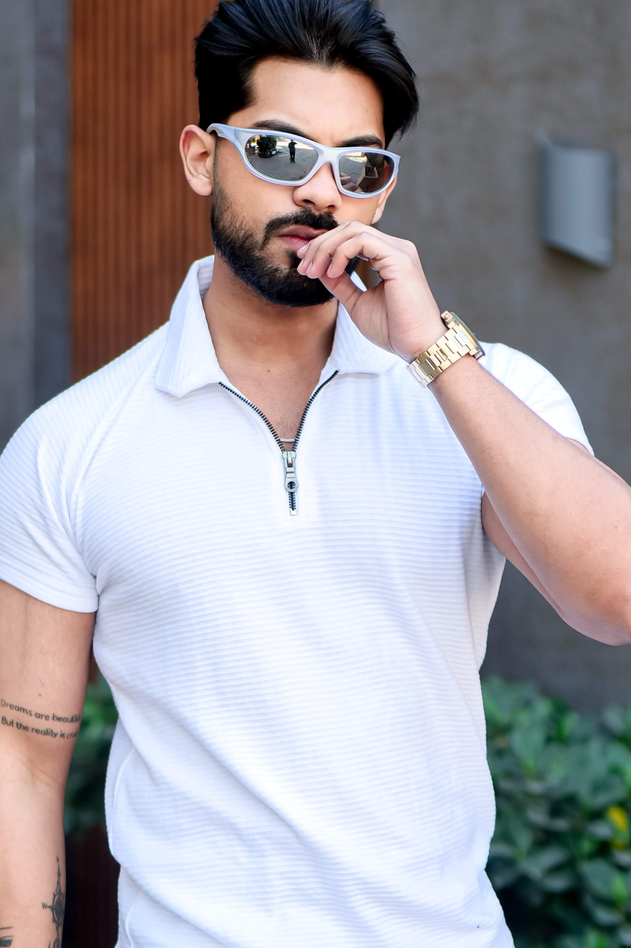 White Self Design Zipper Polo Collar T-Shirt