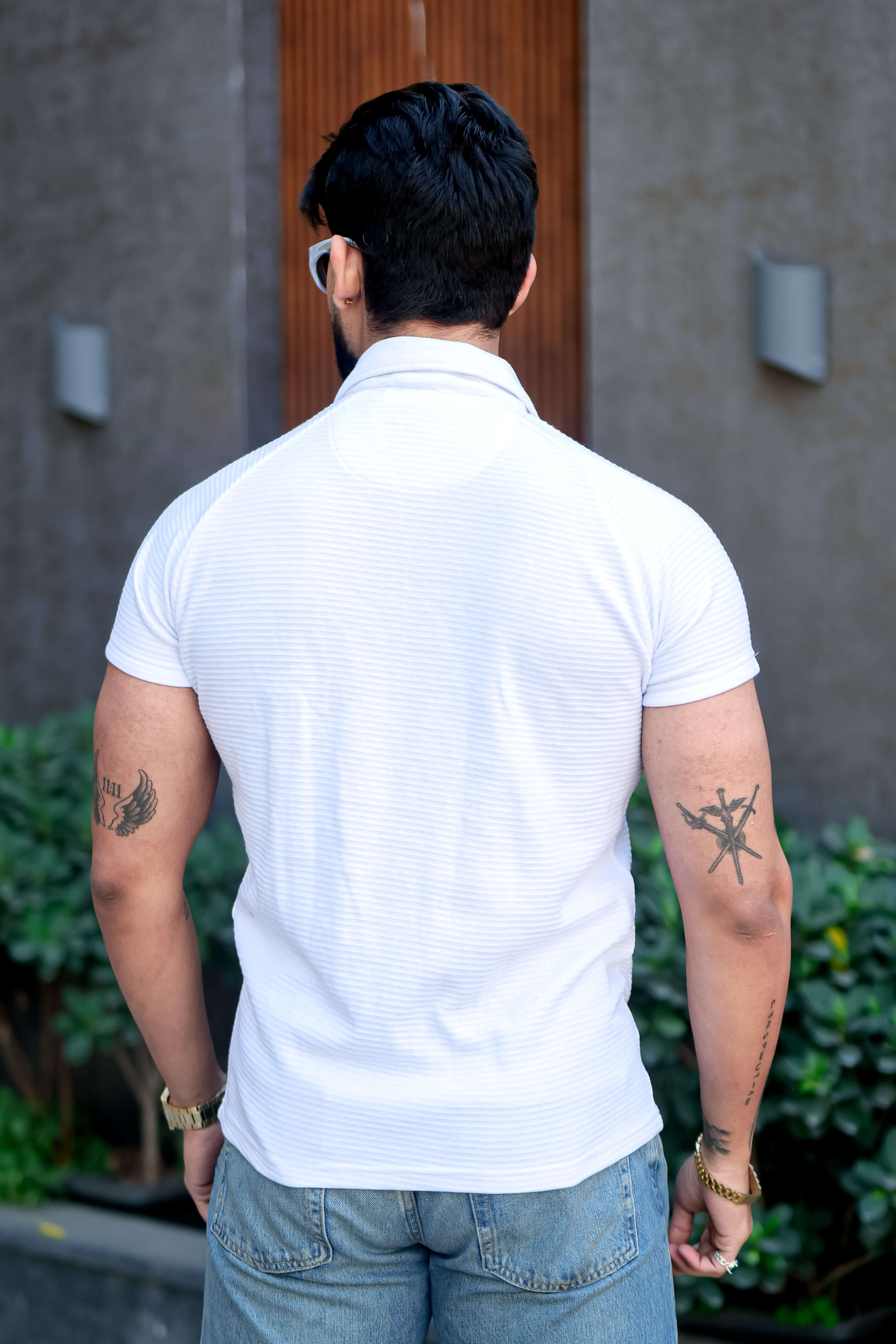 White Self Design Zipper Polo Collar T-Shirt