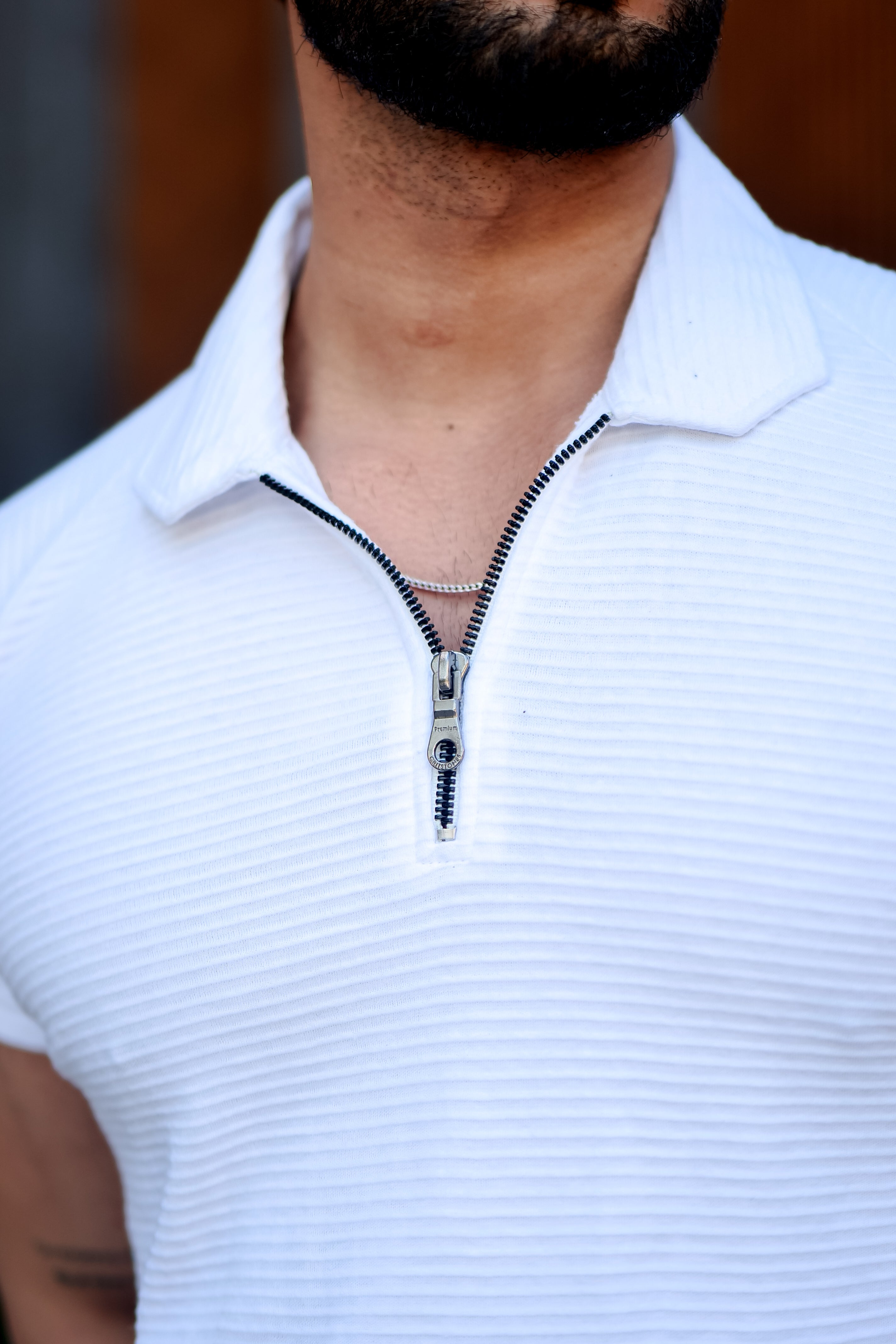 White Self Design Zipper Polo Collar T-Shirt