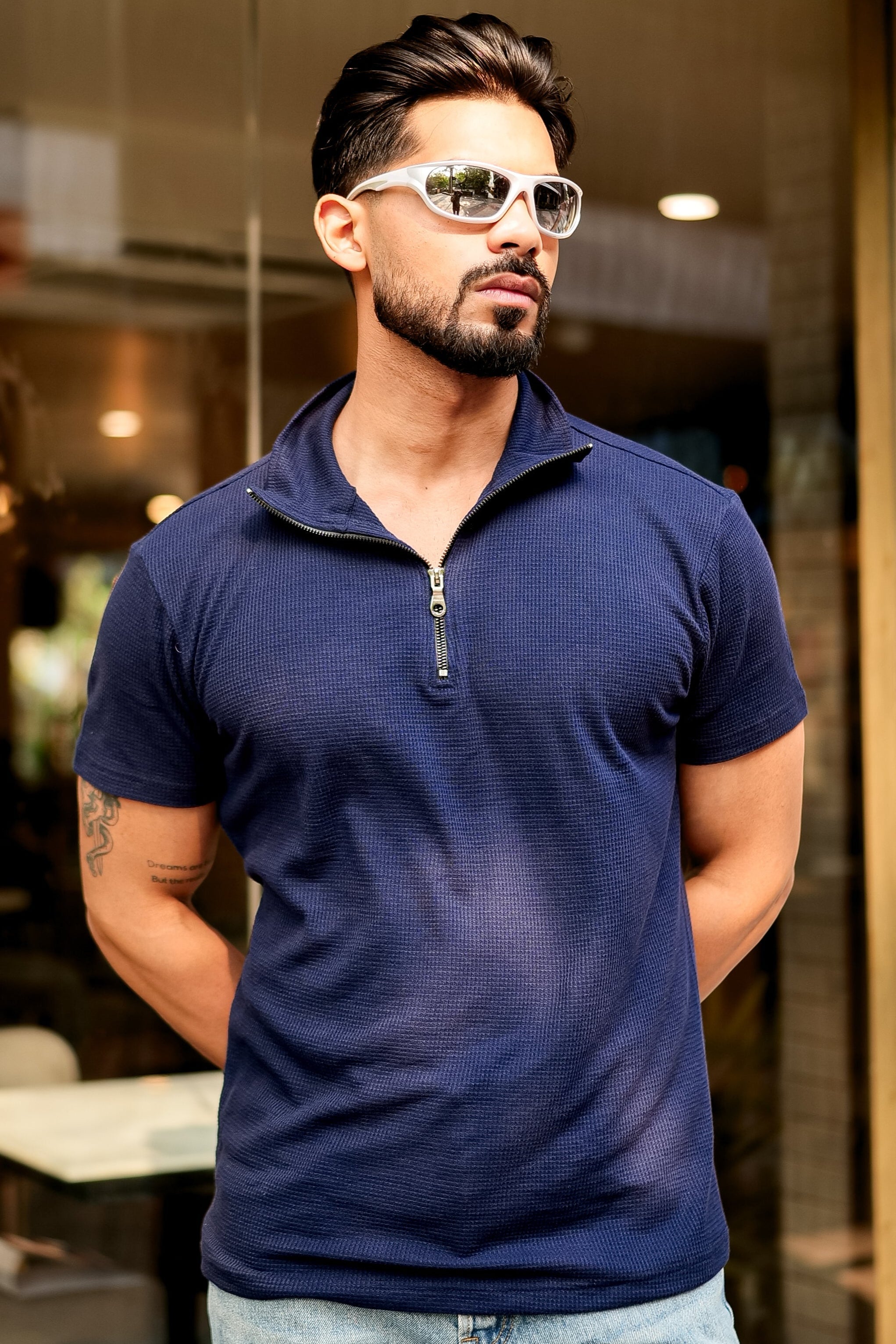 Navy Waffle Zipper T-Shirt