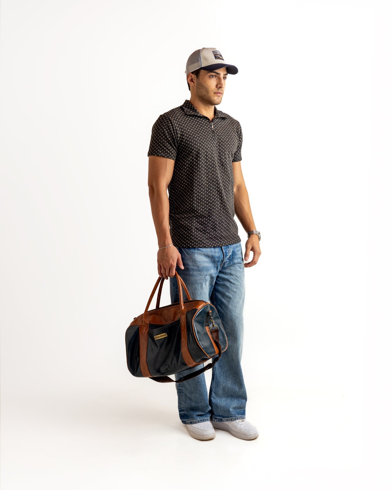 Black Half Sleeve Self Design Cotton Zipper T-Shirt