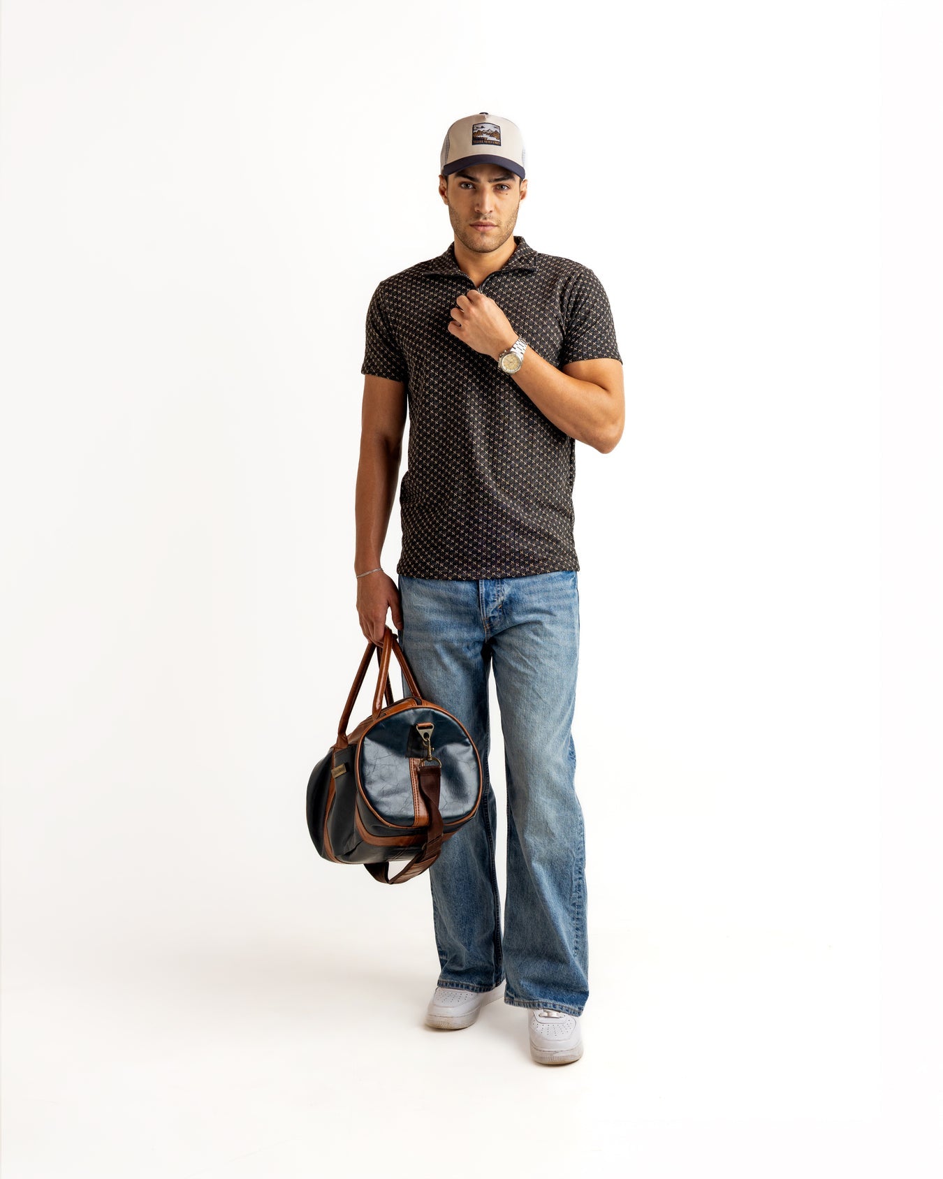 Black Half Sleeve Self Design Cotton Zipper T-Shirt