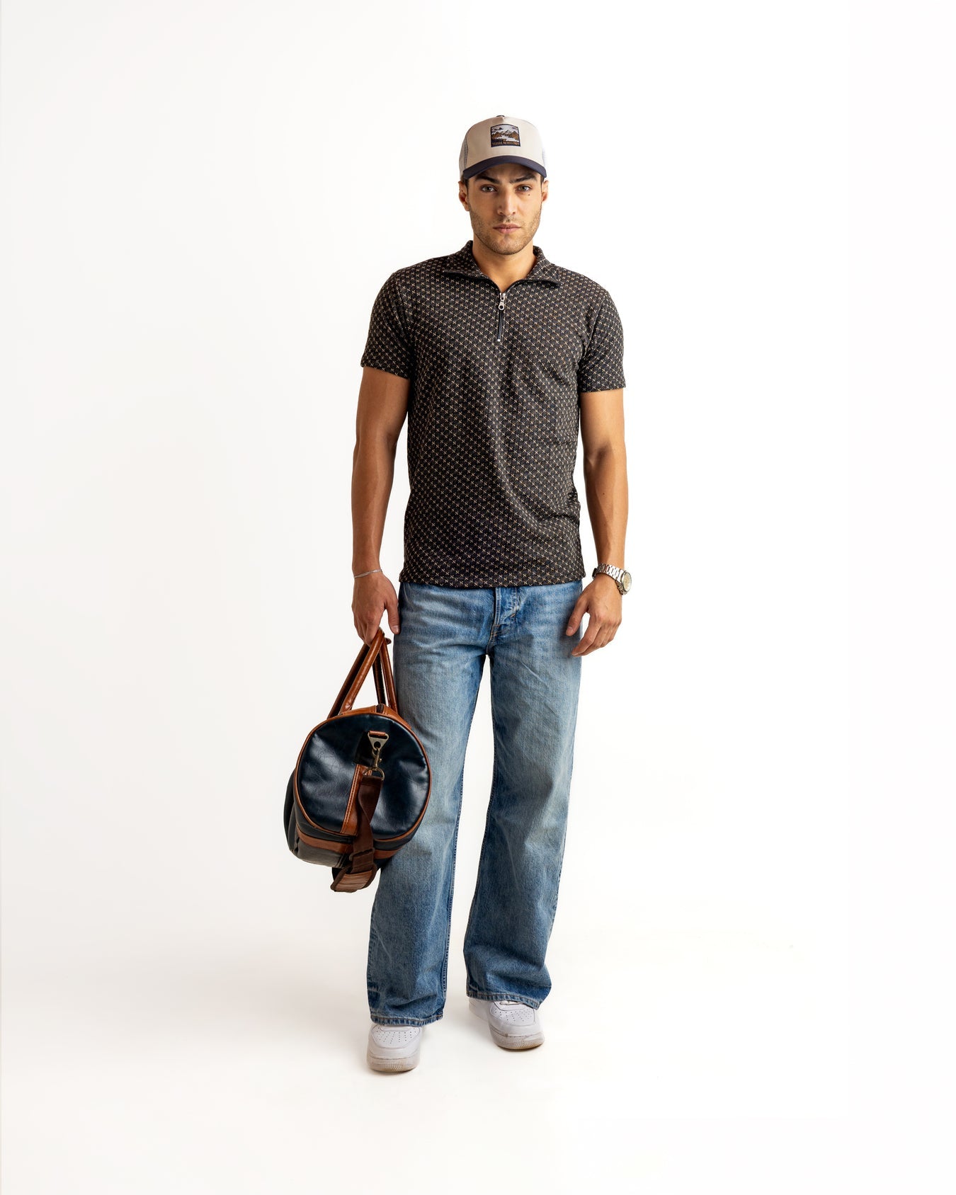 Black Half Sleeve Self Design Cotton Zipper T-Shirt