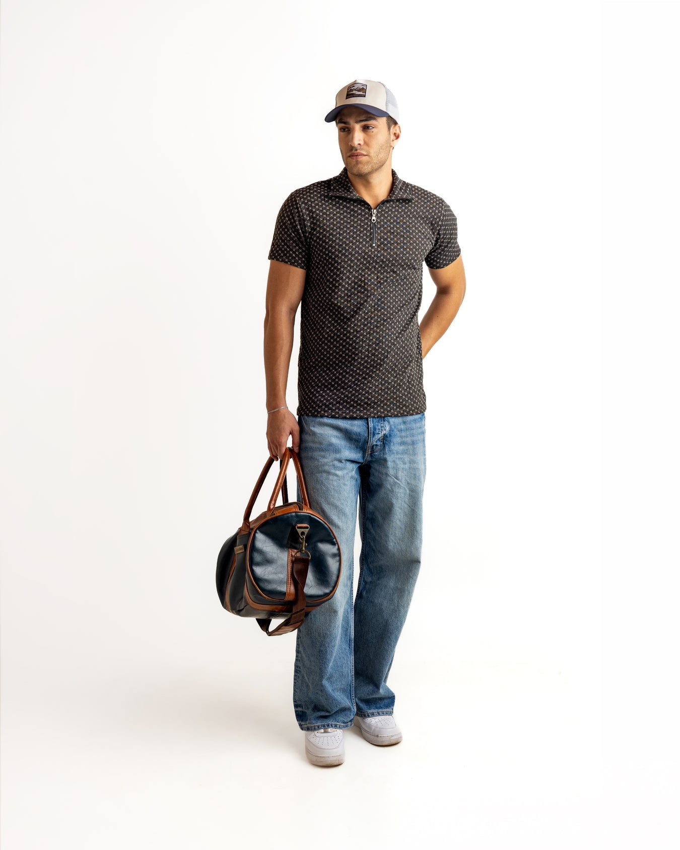 Black Half Sleeve Self Design Cotton Zipper T-Shirt