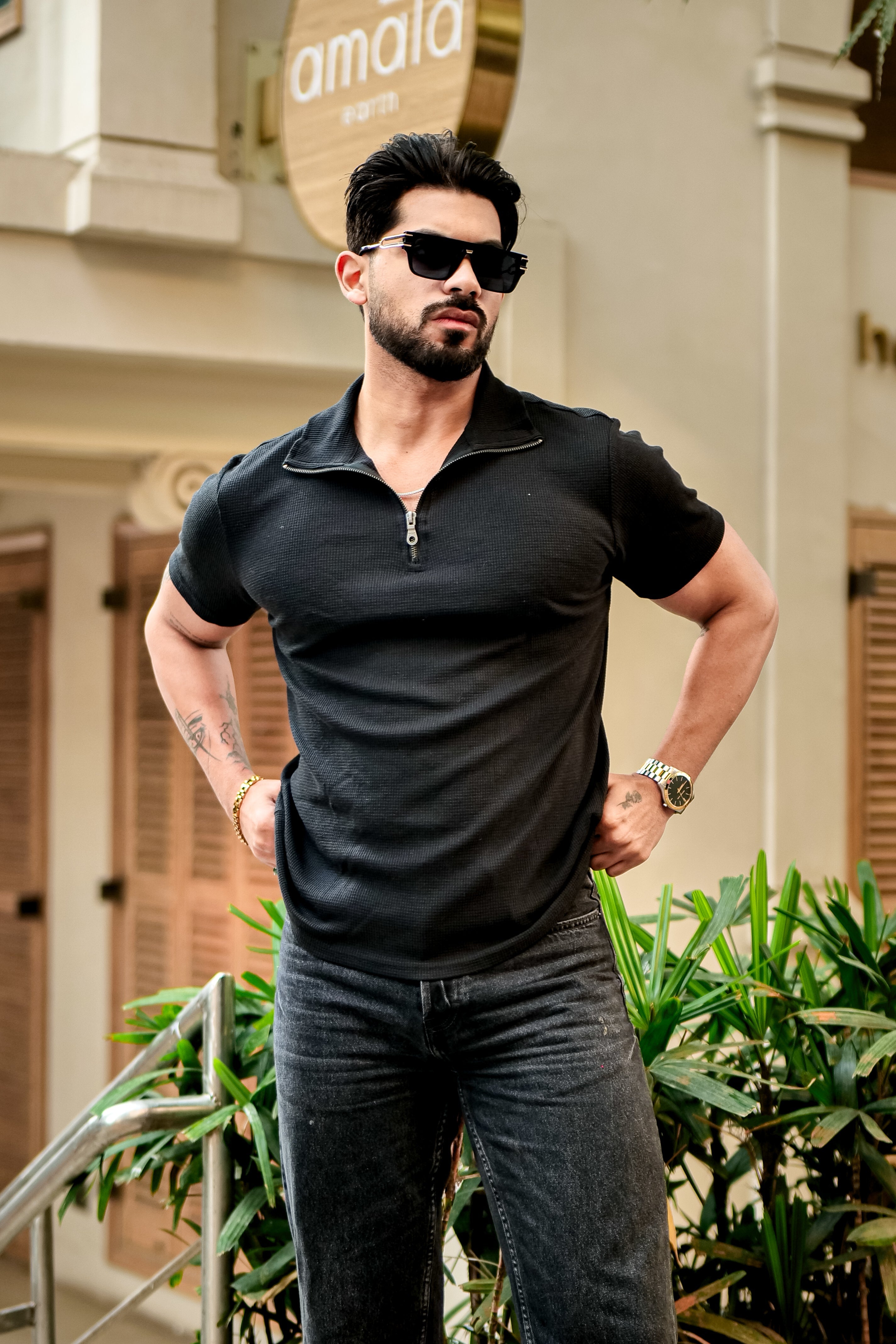 Black Waffle Half Sleeves Zipper T-Shirt