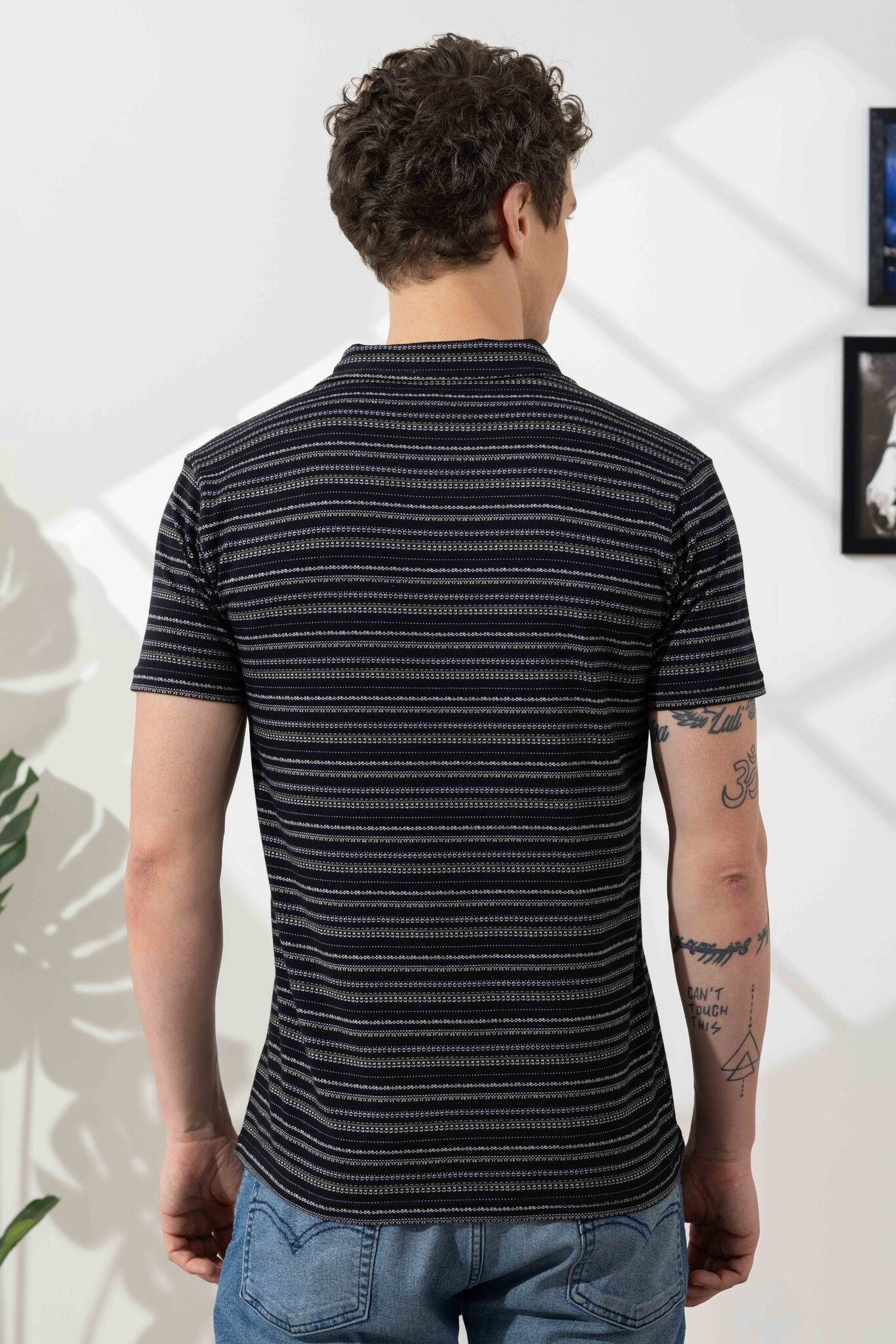 Black Self Design Cotton Zipper T-Shirt