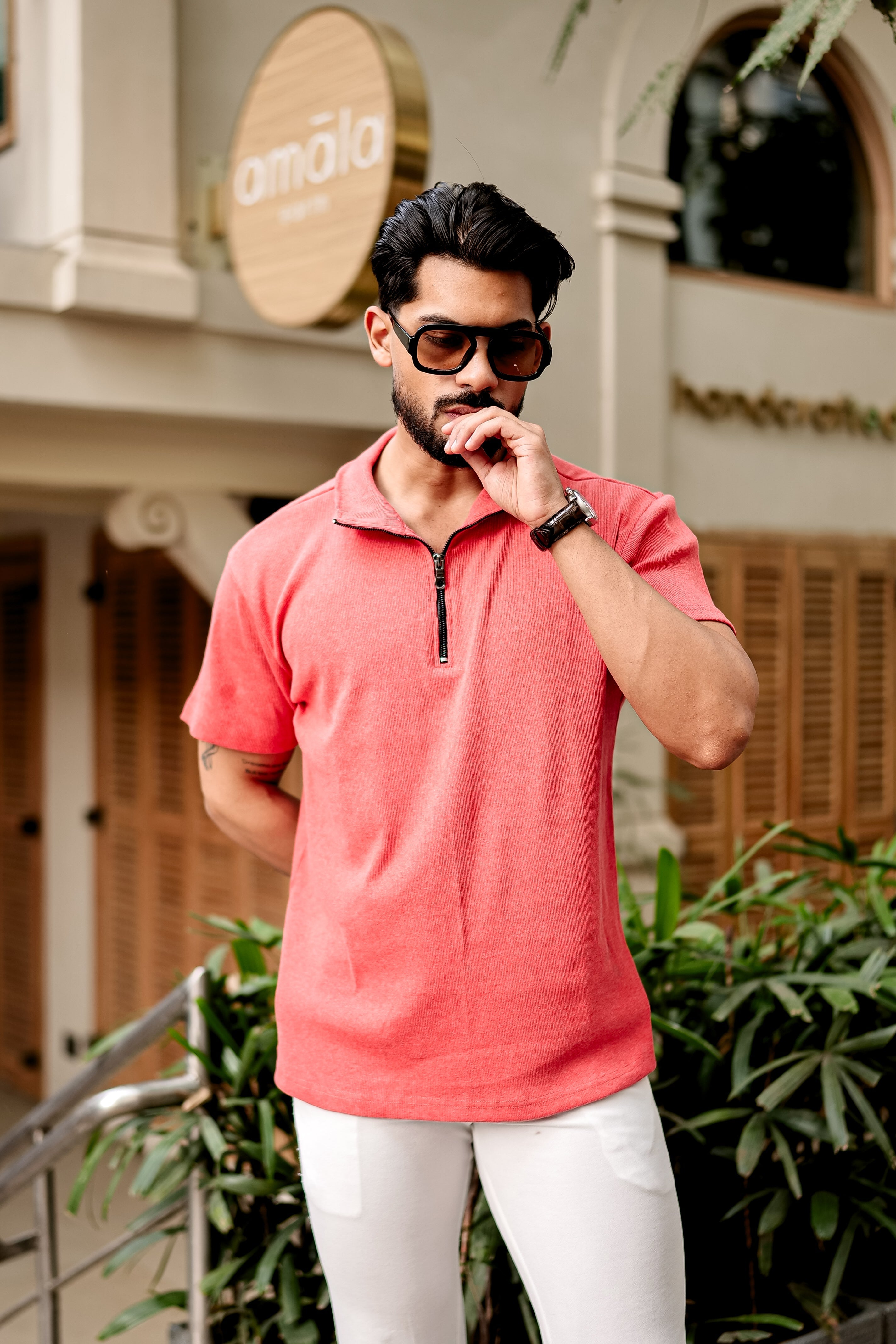 Dark Pink Self Design Zipper T-Shirt