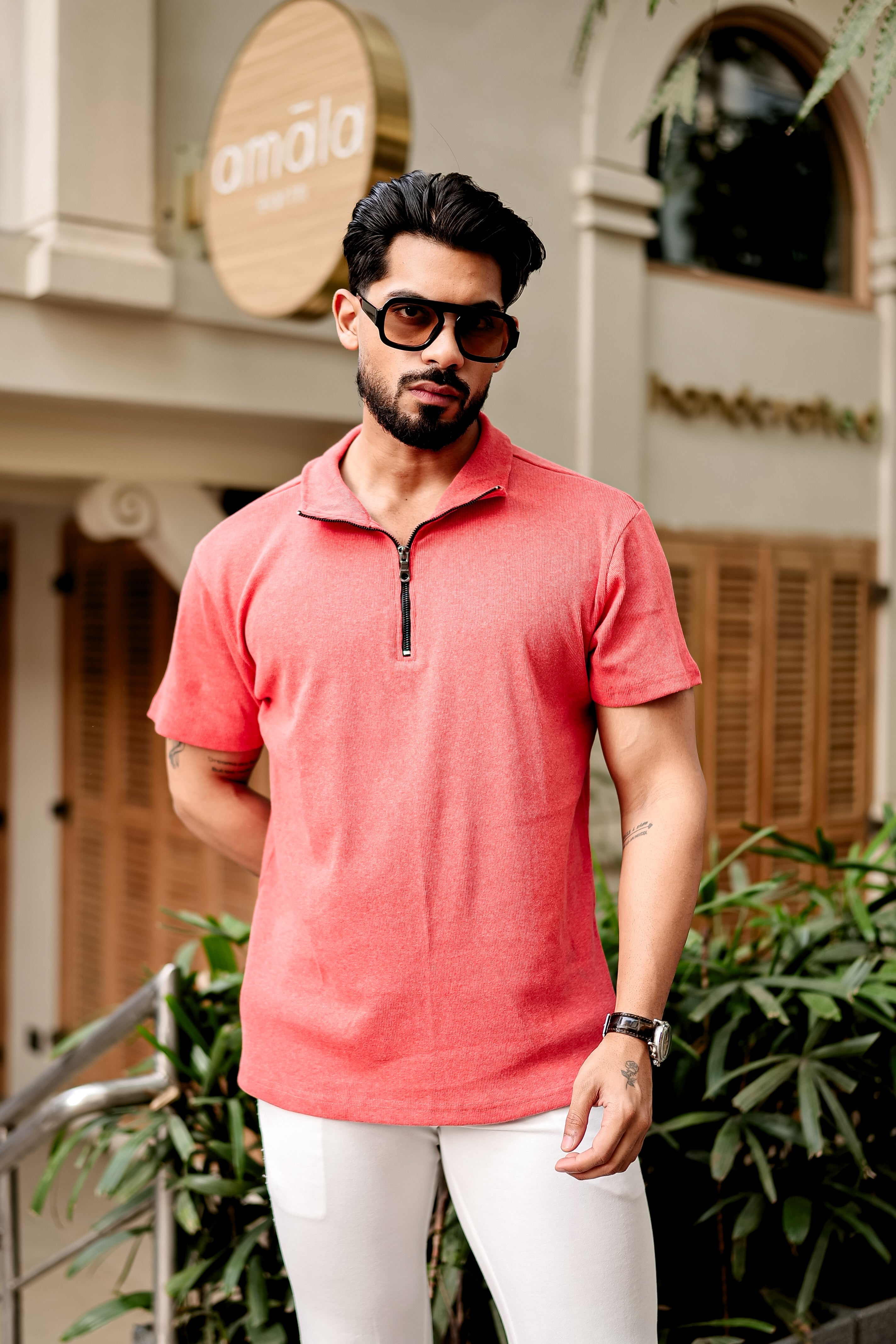Dark Pink Self Design Zipper T-Shirt