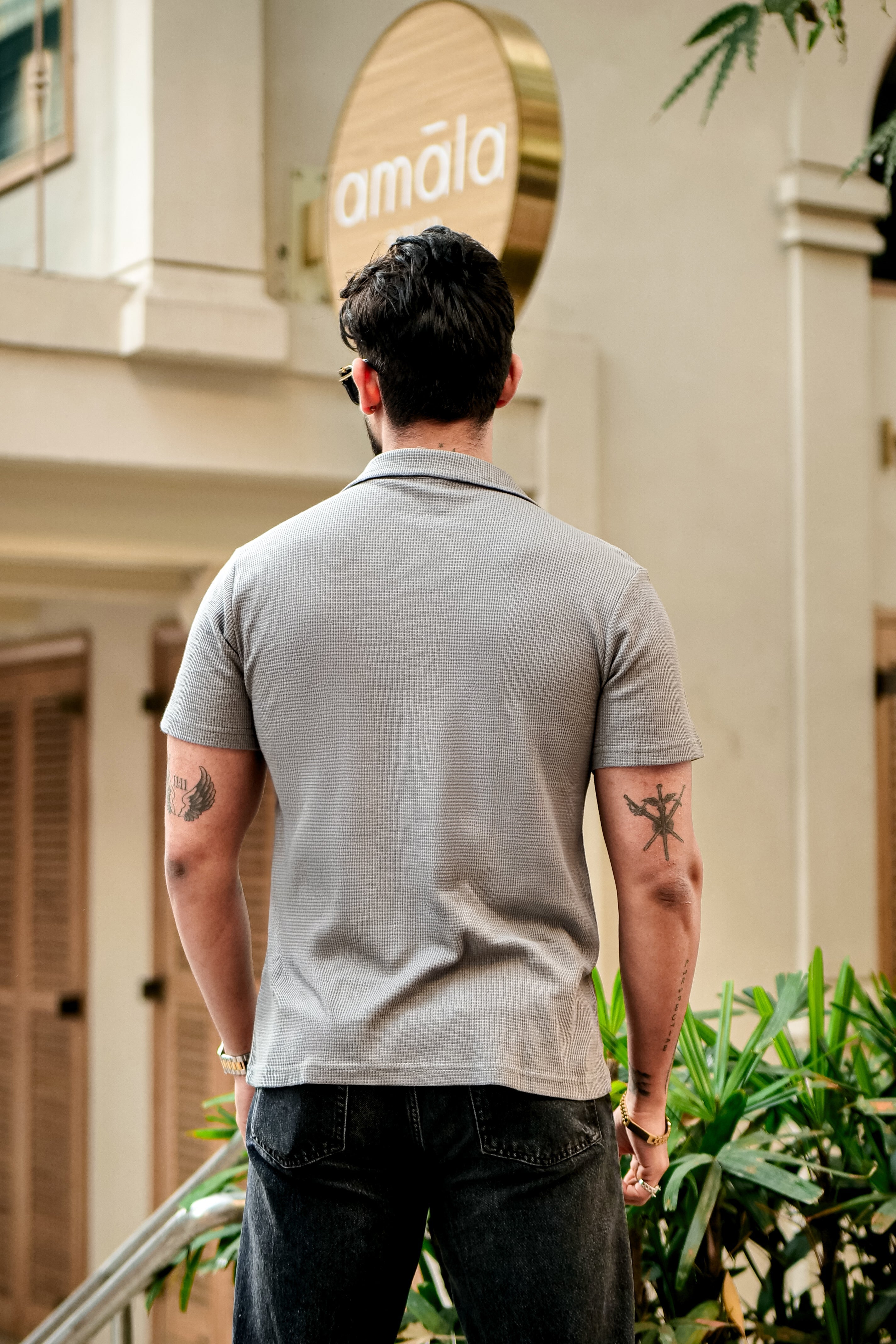 Grey Waffle Half Sleeves Zipper T-Shirt