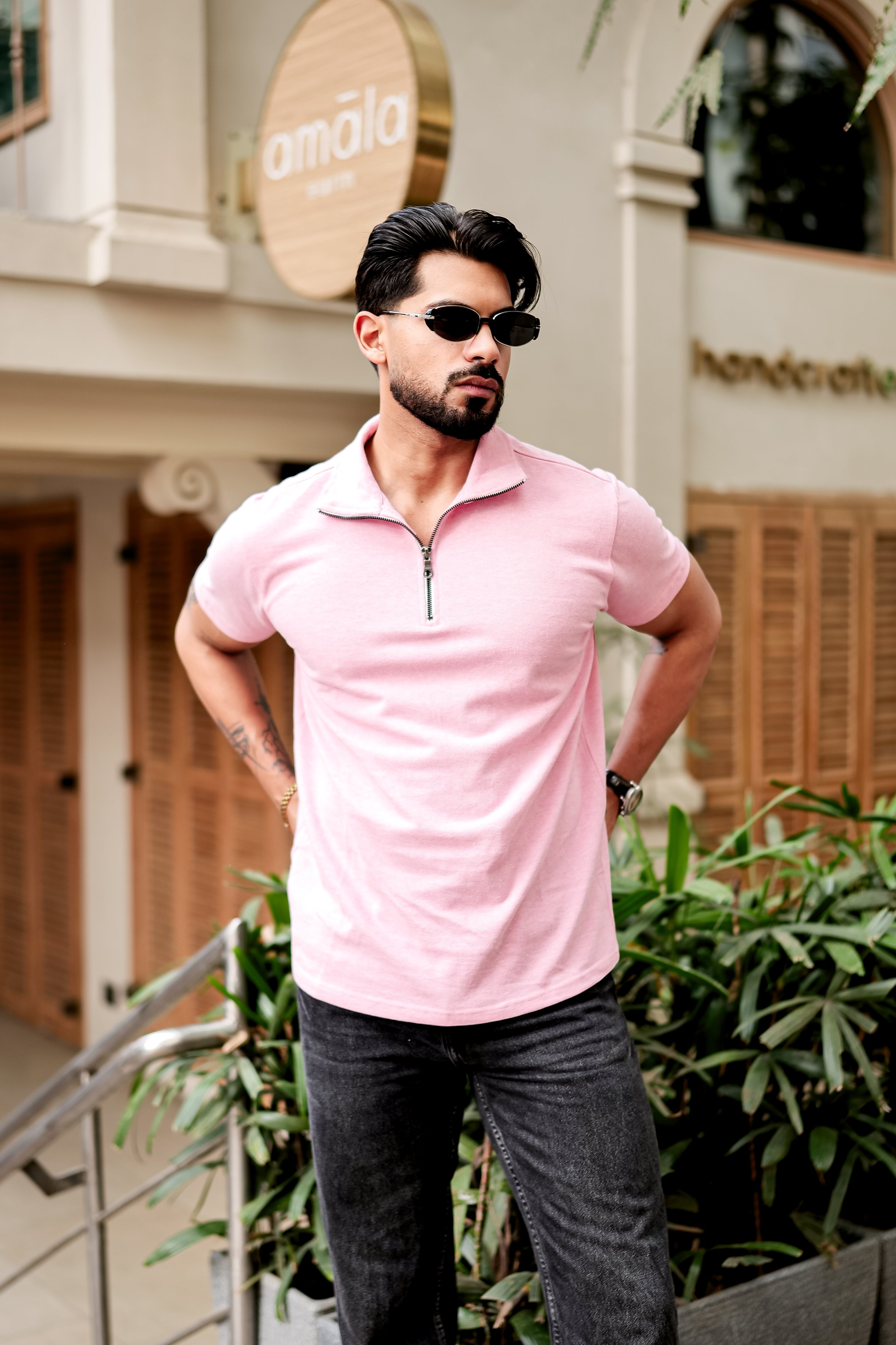 Light Pink Self Design Zipper T-Shirt