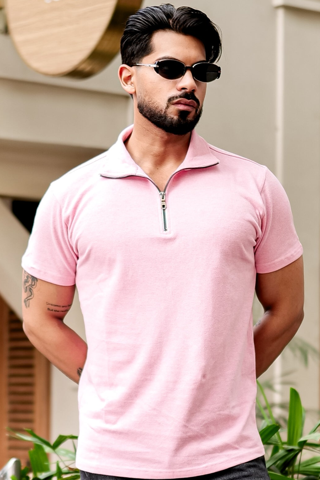 Light Pink Self Design Zipper T-Shirt