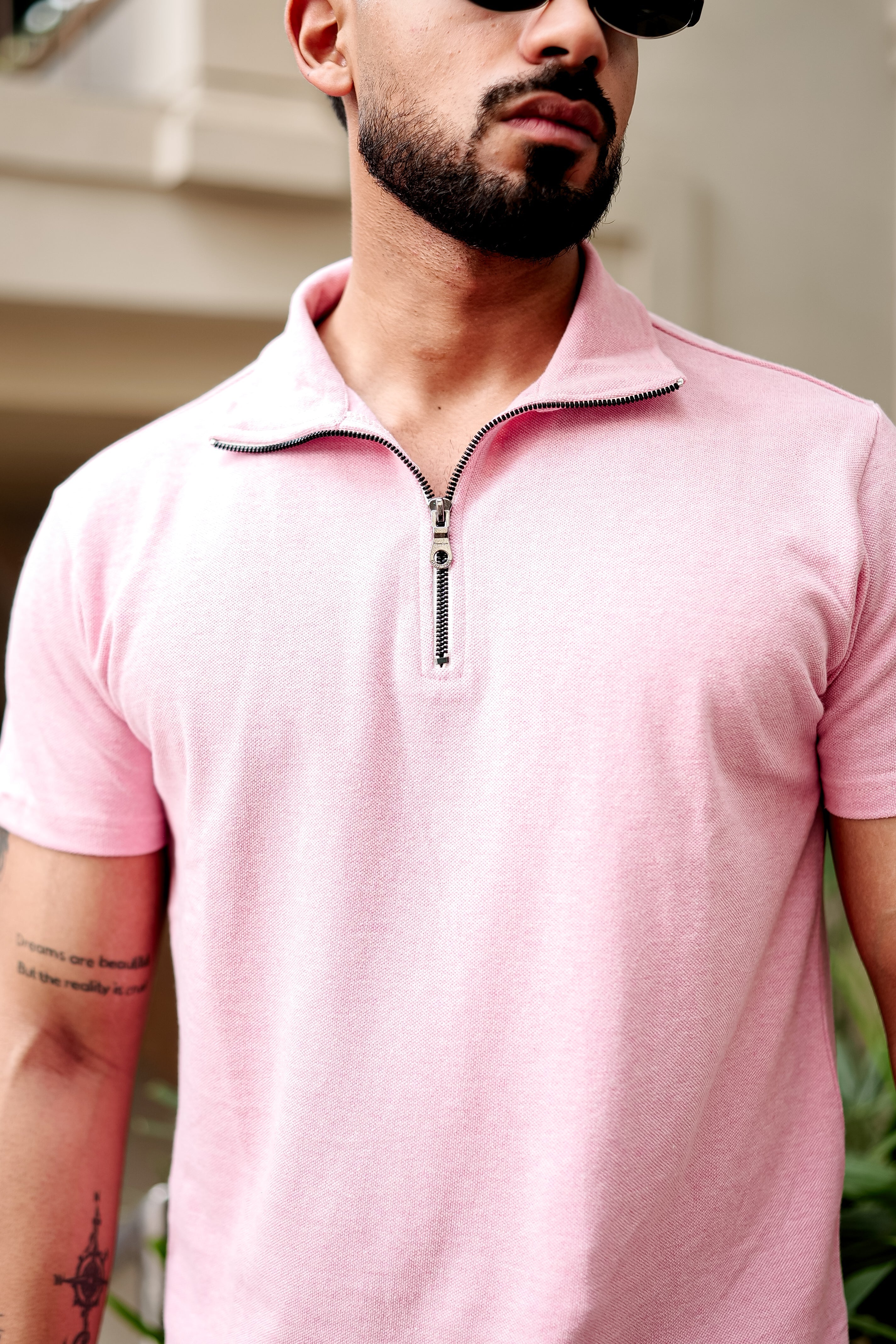 Light Pink Self Design Zipper T-Shirt