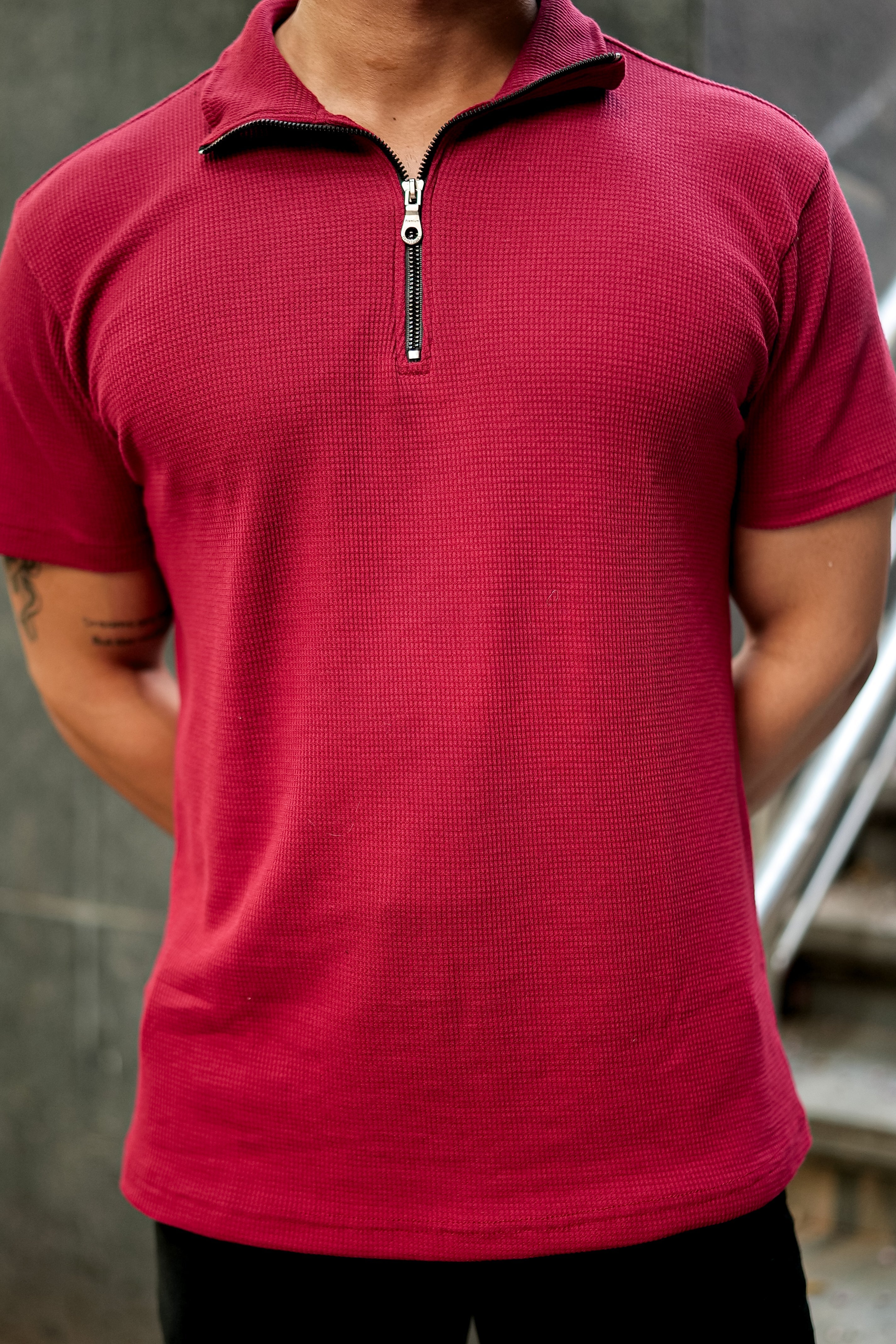 Maroon Waffle Zipper T-Shirt