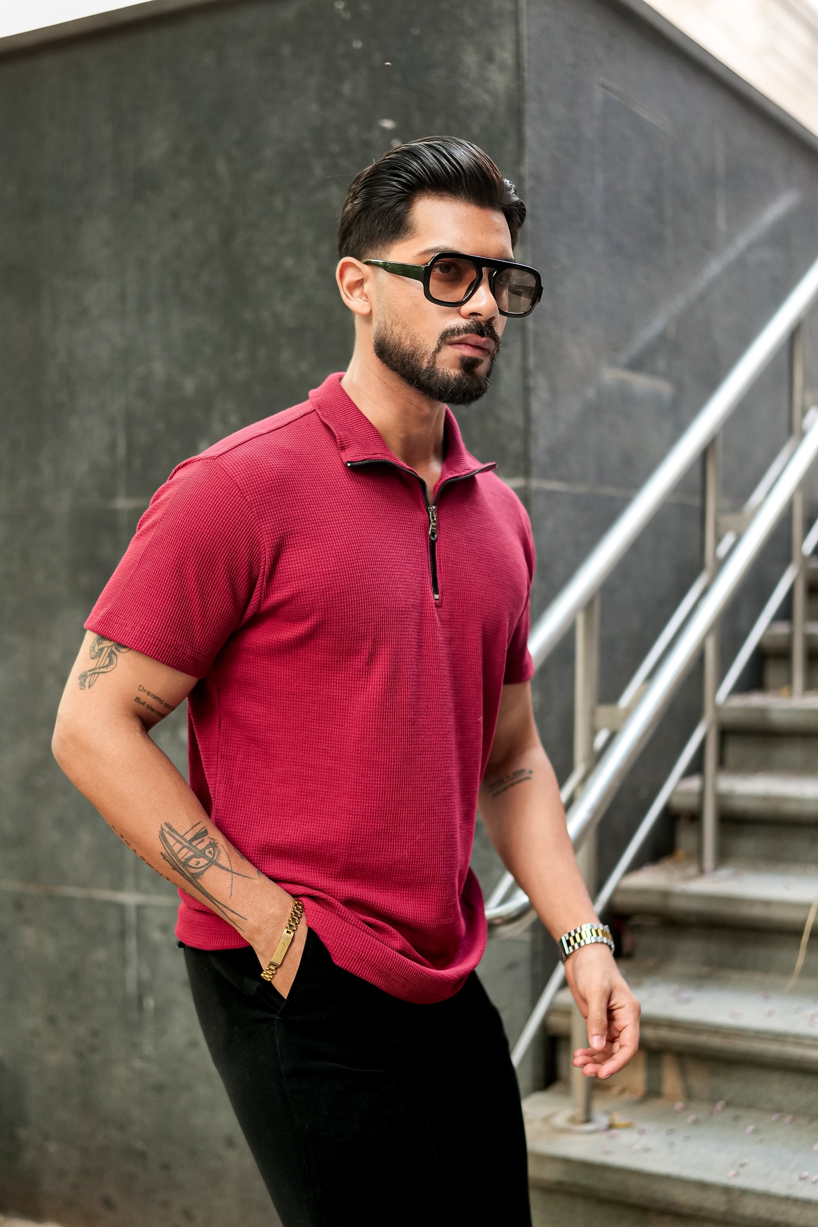 Maroon Waffle Zipper T-Shirt