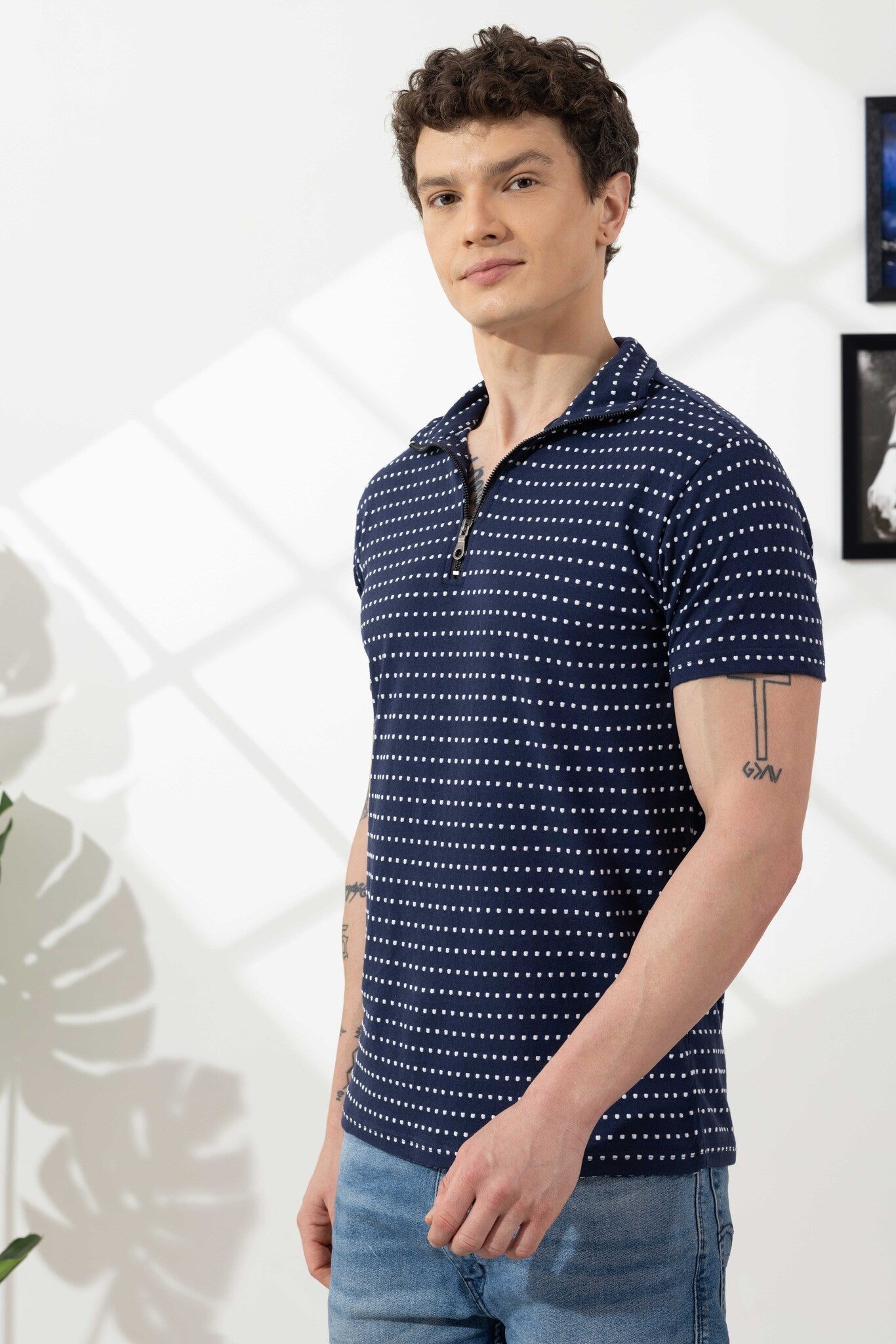 Navy Blue Self Design Cotton Zipper T-Shirt