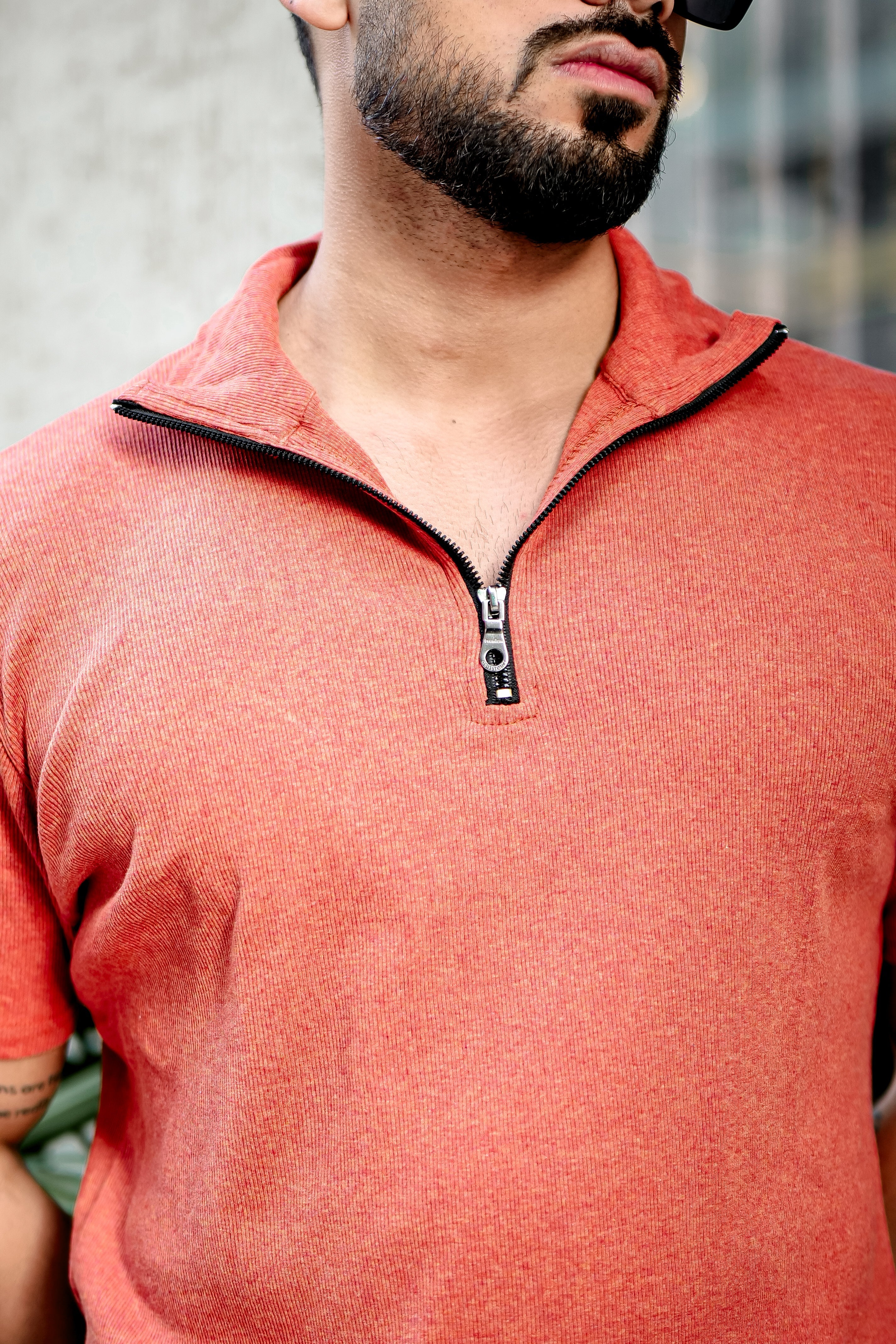 Orange Ribbed Zipper T-Shirt