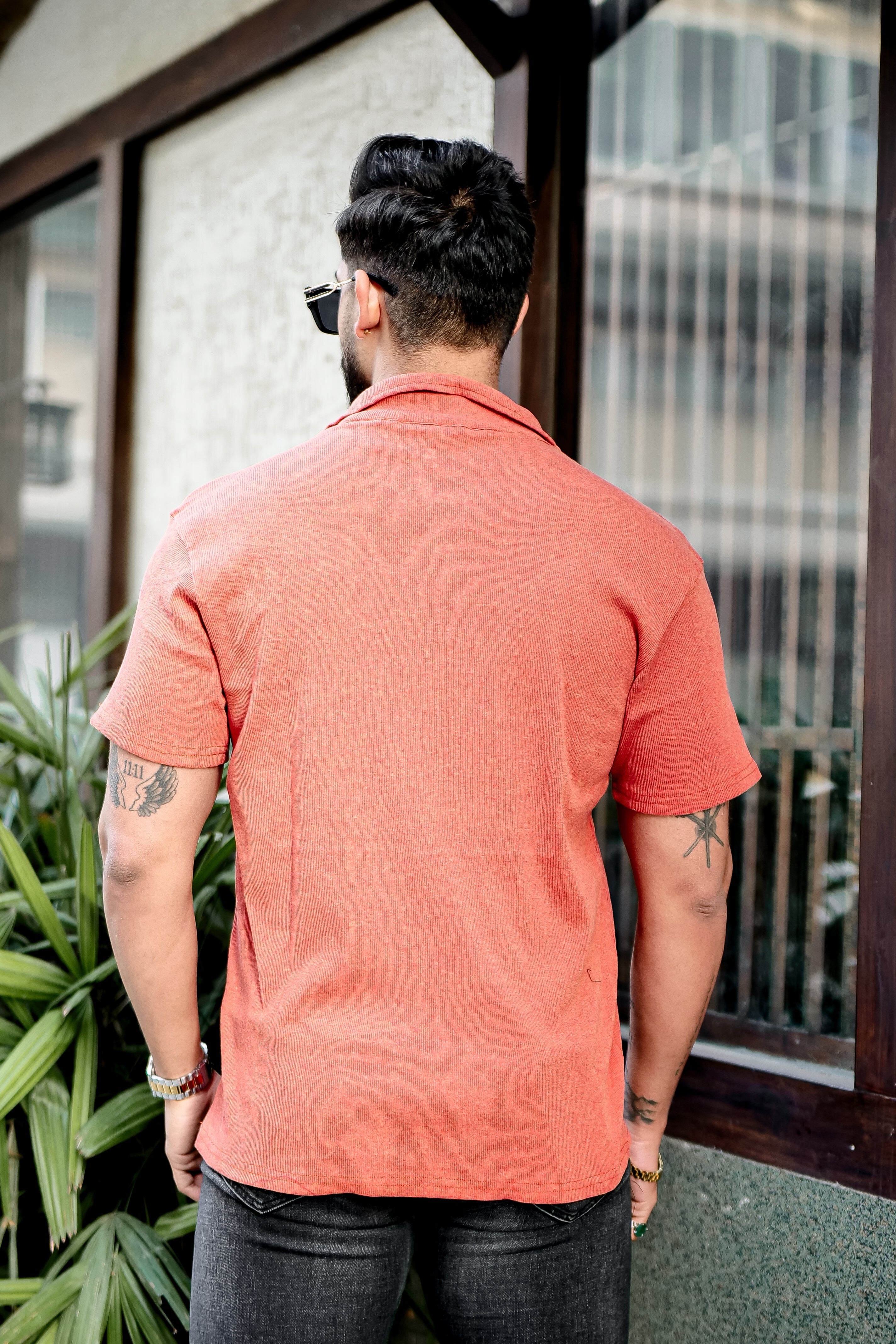 Orange Ribbed Zipper T-Shirt