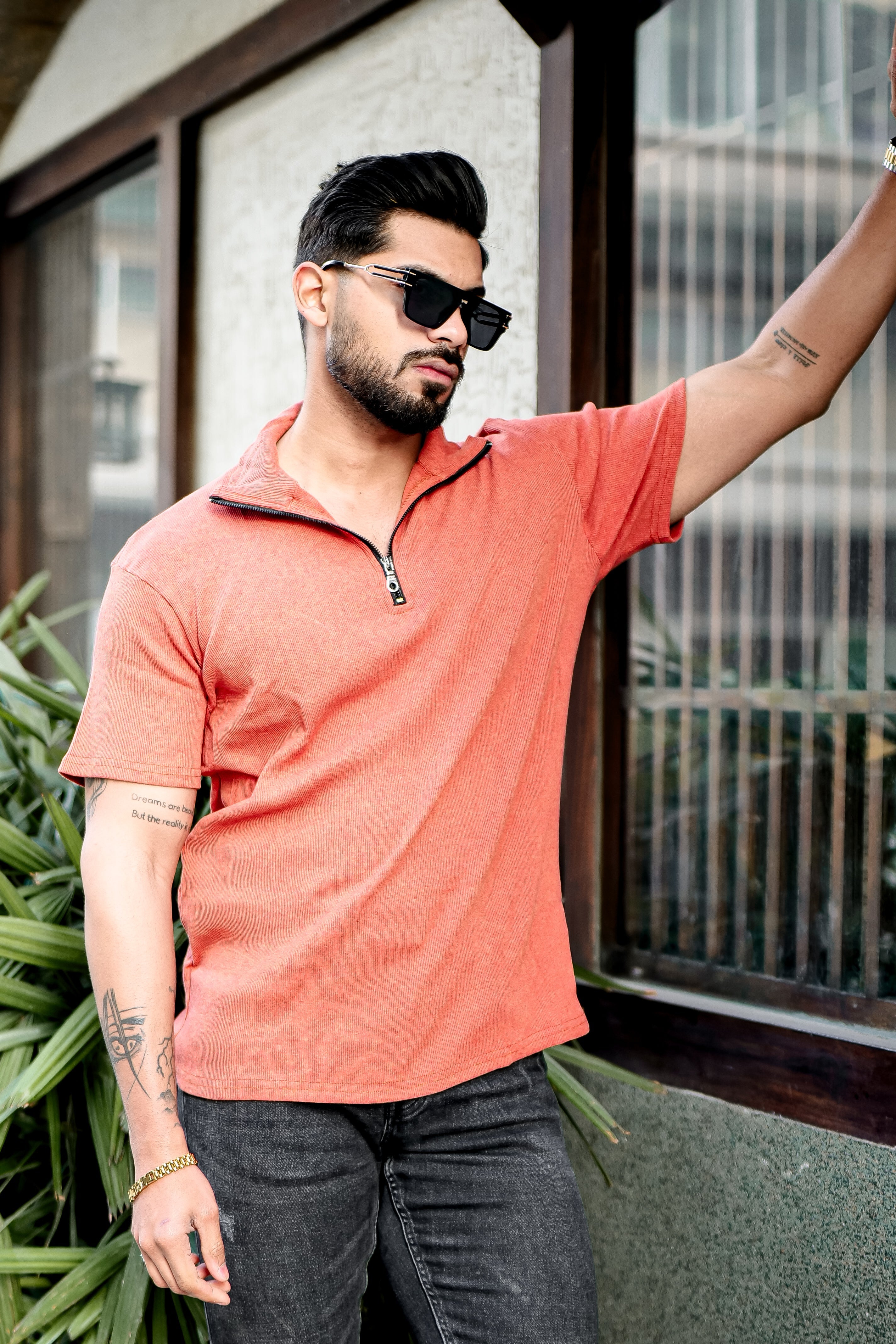 Orange Ribbed Zipper T-Shirt