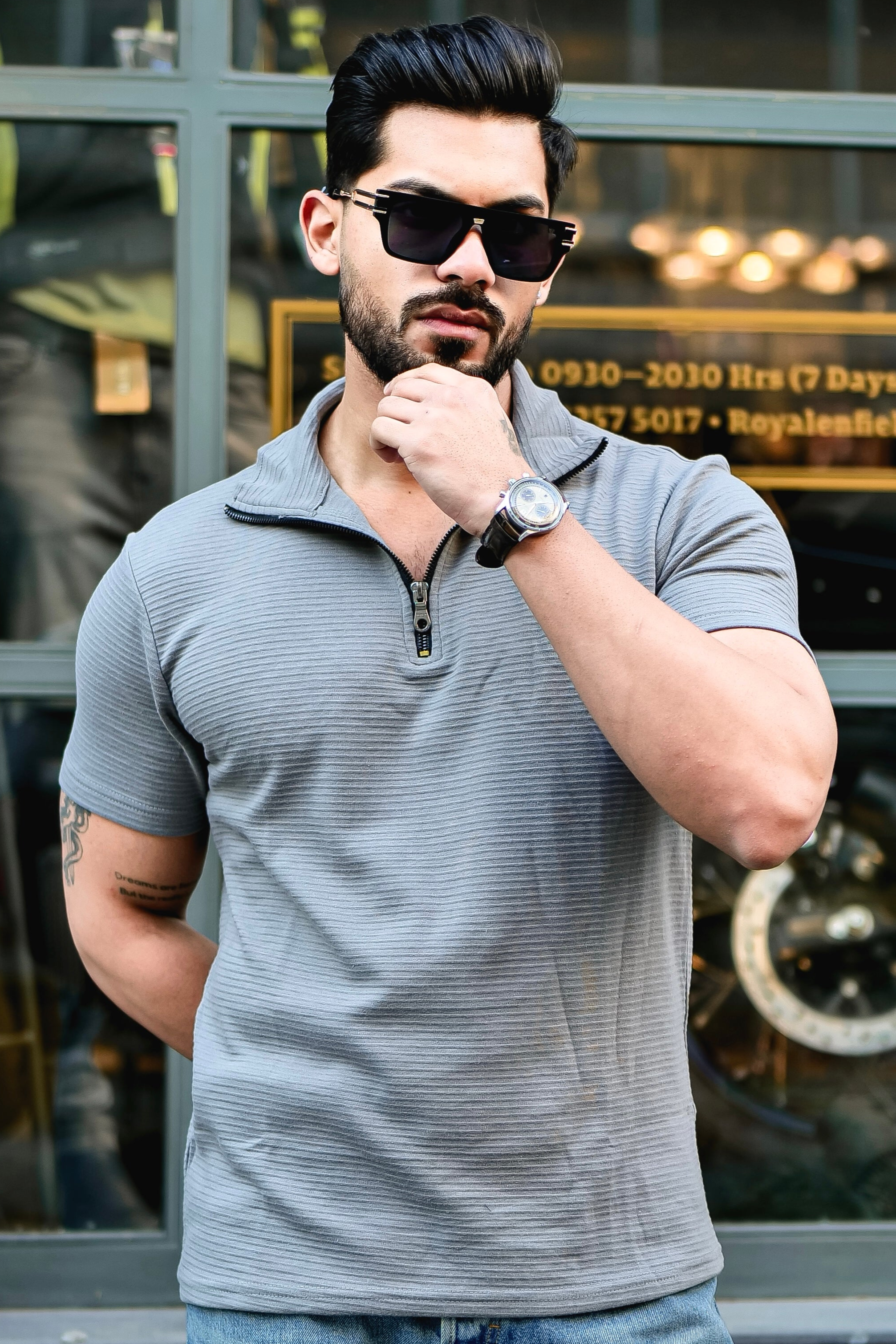 Light Grey Self Design Zipper T-Shirt