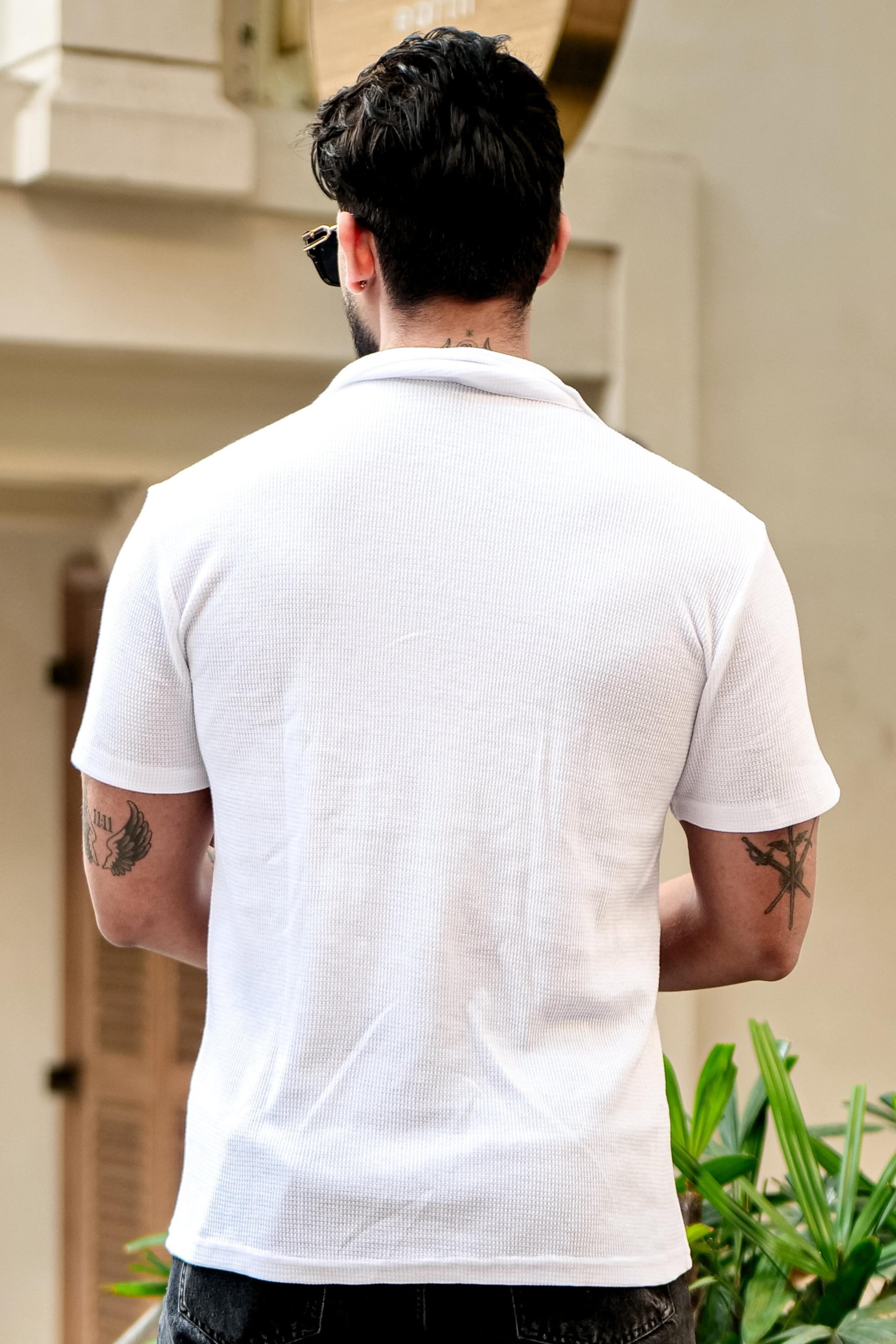 White Waffle Half Sleeve Zipper T-Shirt