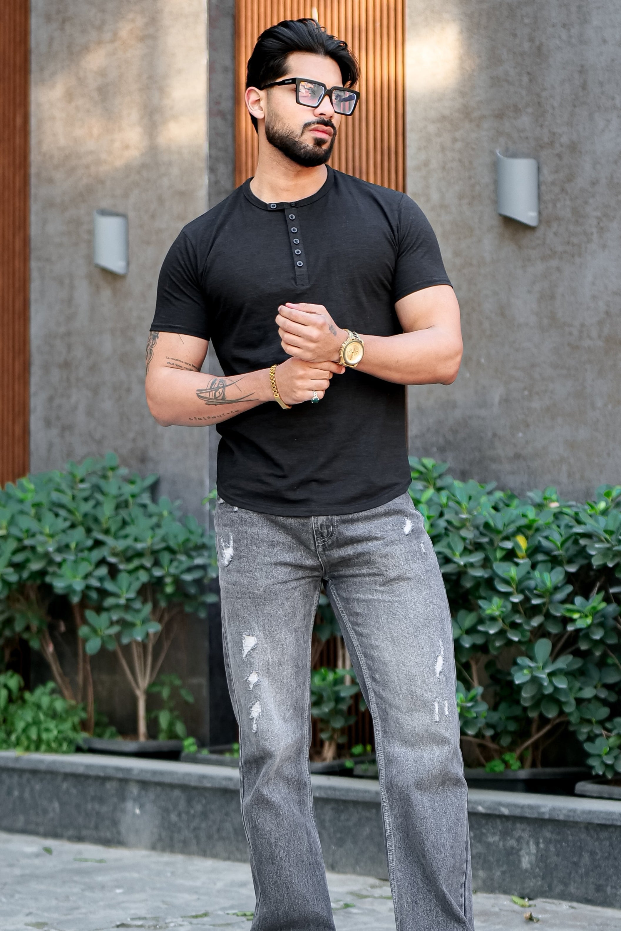 Black Slub Buttoned Henley T-Shirt