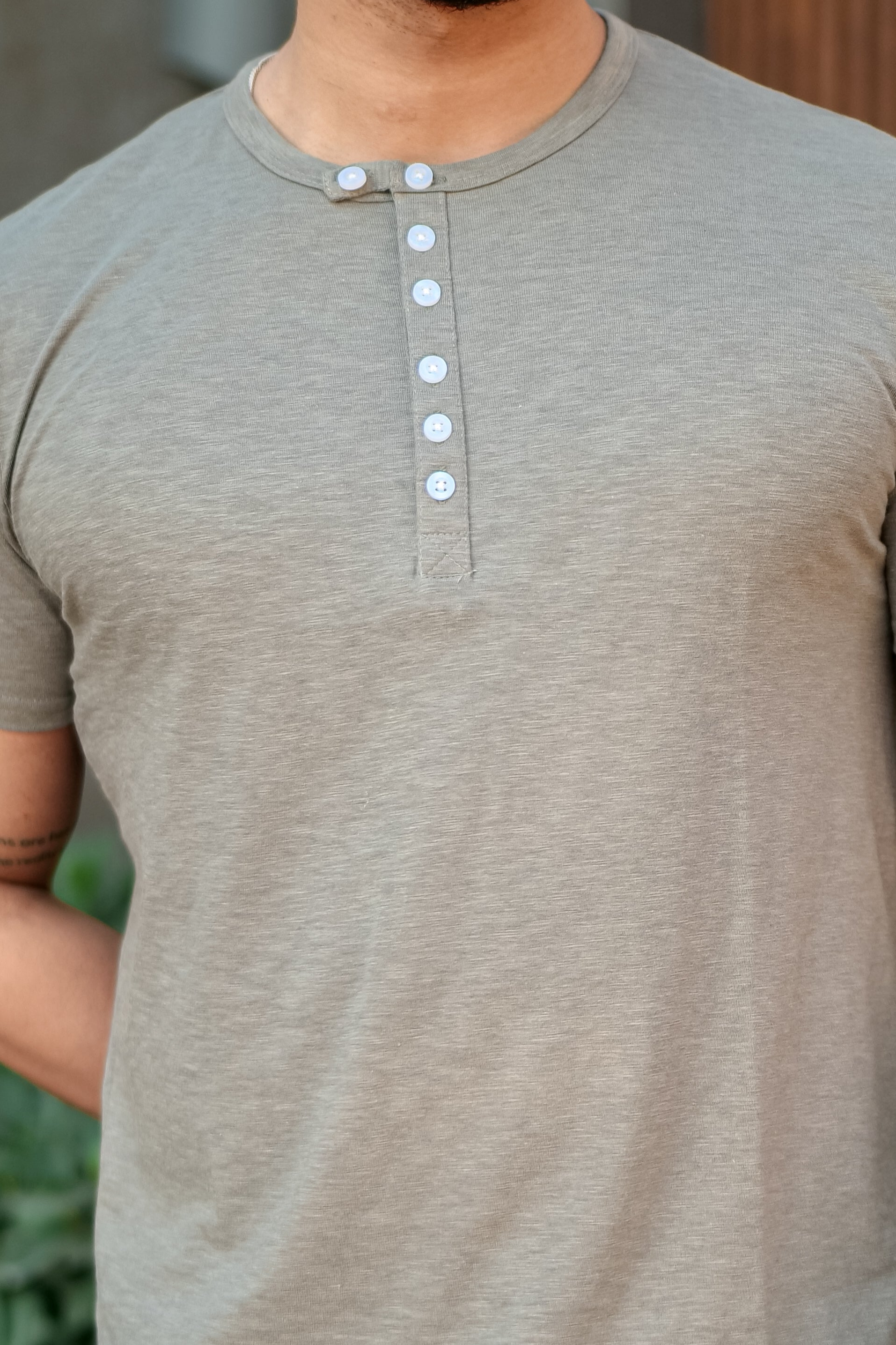 Dark Grey Slub Buttoned Slub Henley T-Shirt