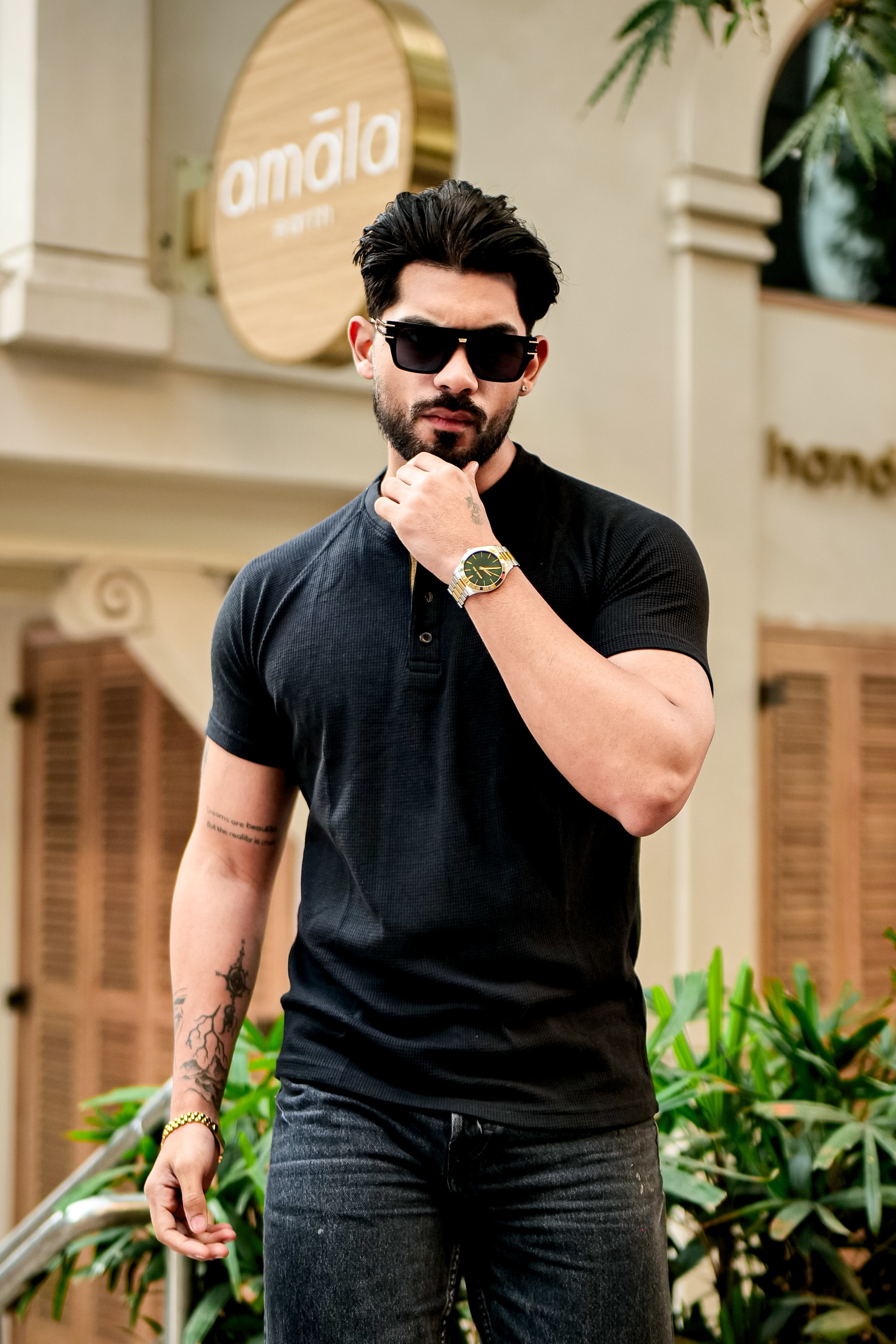 Black Contrast Placket Waffle Henley T-Shirt